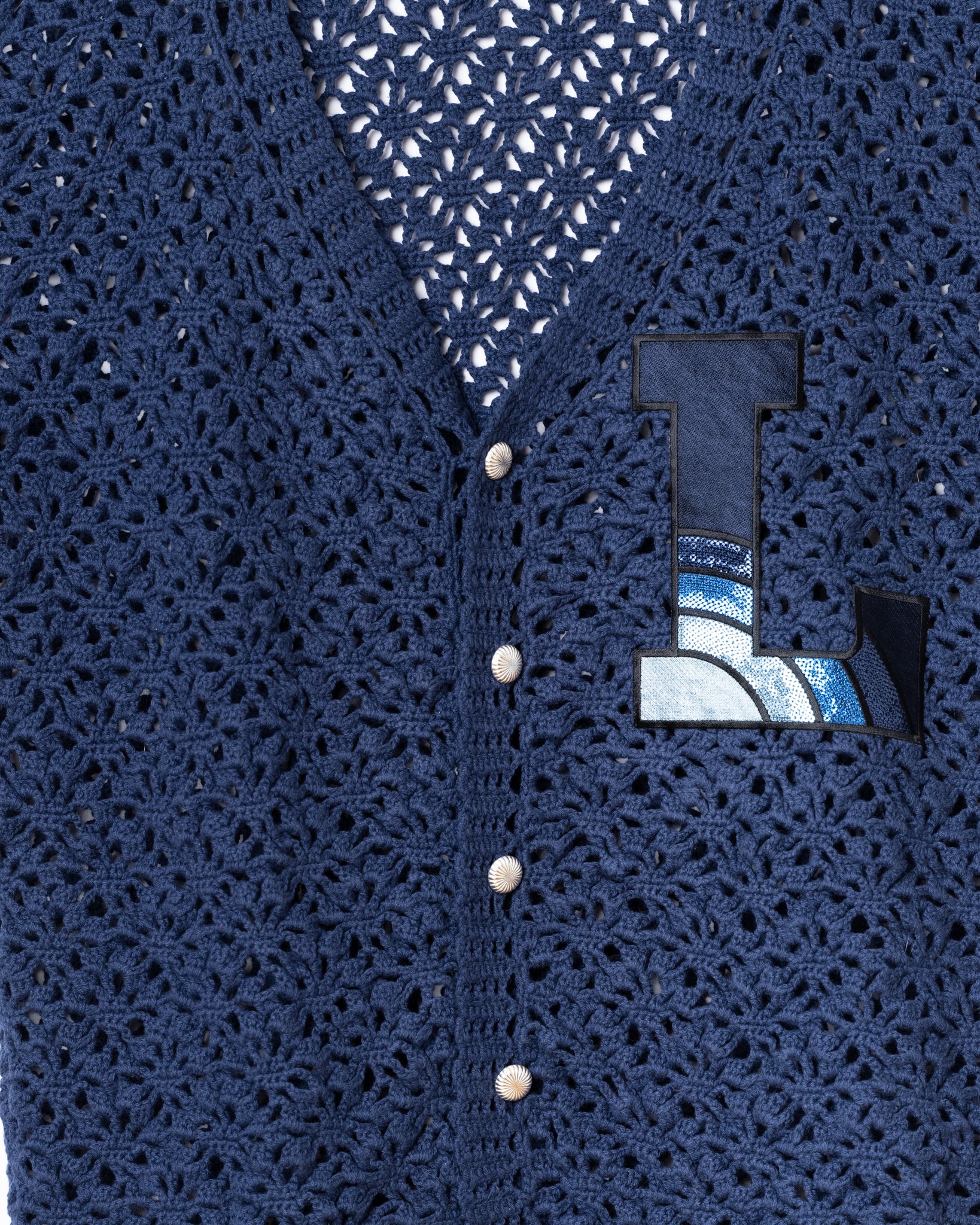 CROCHET HAND KNIT CARDIGAN "L" - NAVY
