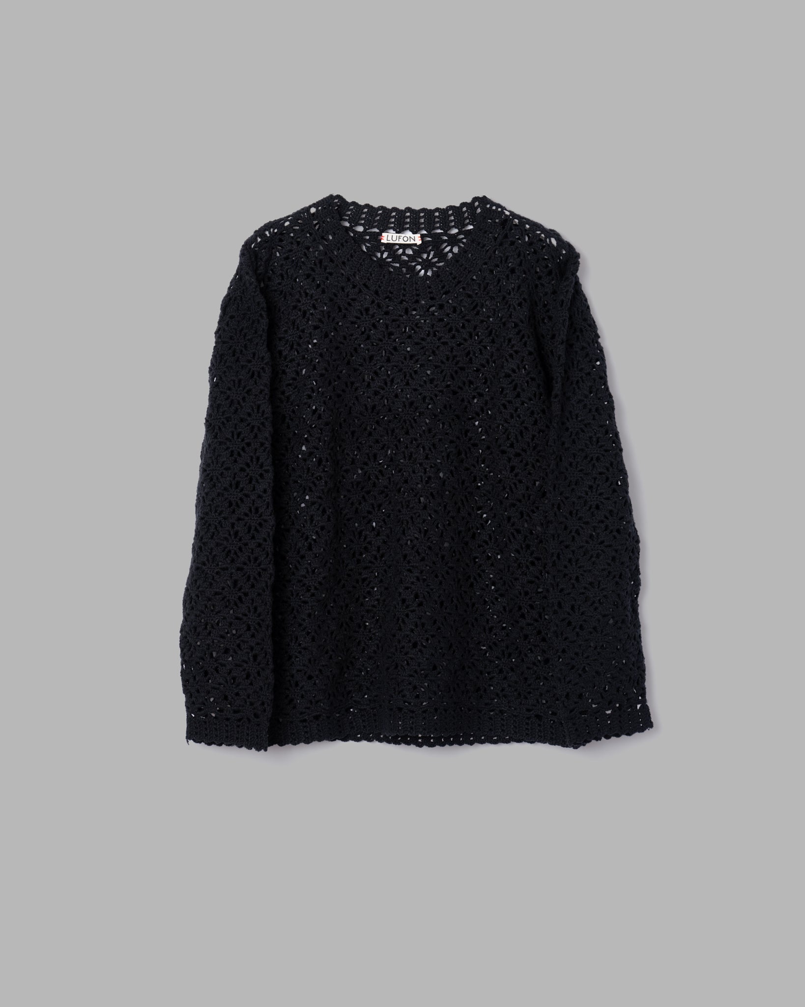 CROCHET HAND KNIT PULLOVER SWEATER - BLACK