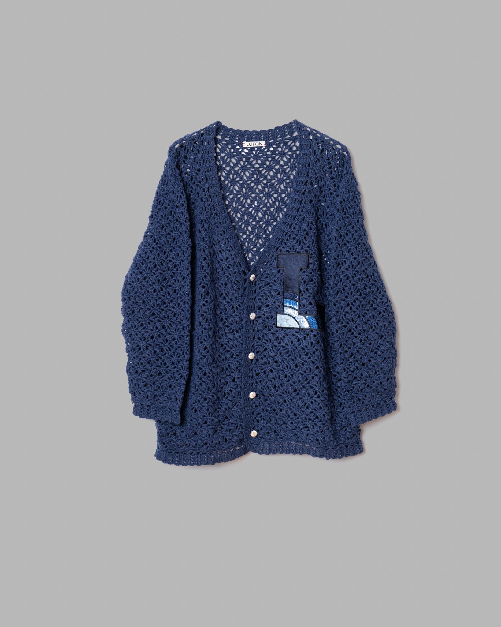 CROCHET HAND KNIT CARDIGAN "L" - NAVY