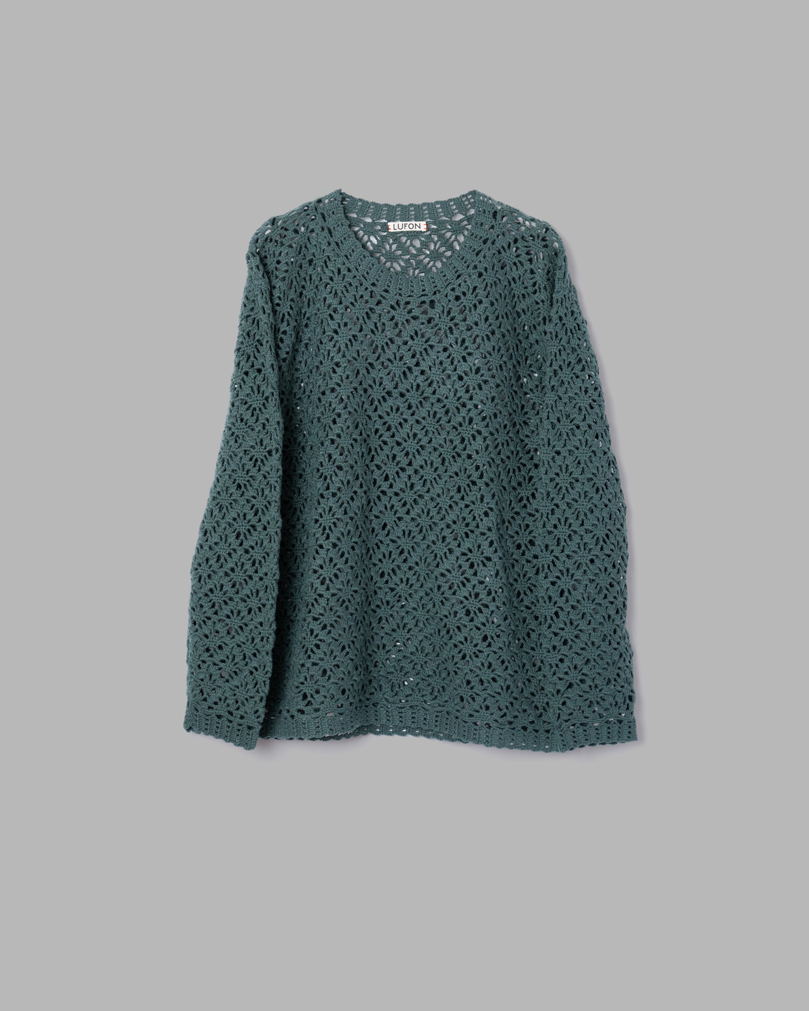 CROCHET HAND KNIT PULLOVER SWEATER - GREEN