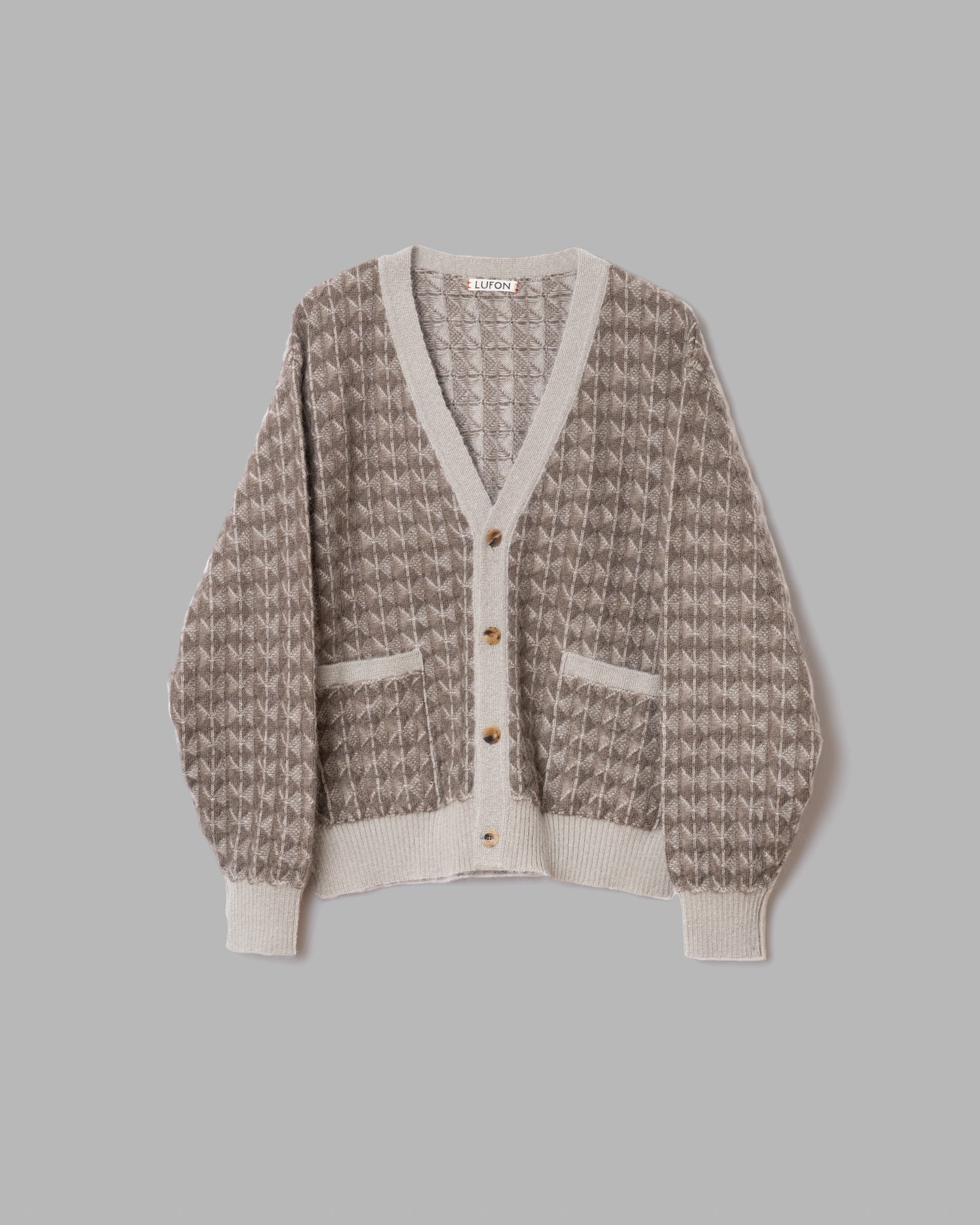 KID MOHAIR JAQUARD KNIT CARDIGAN - GREIGE