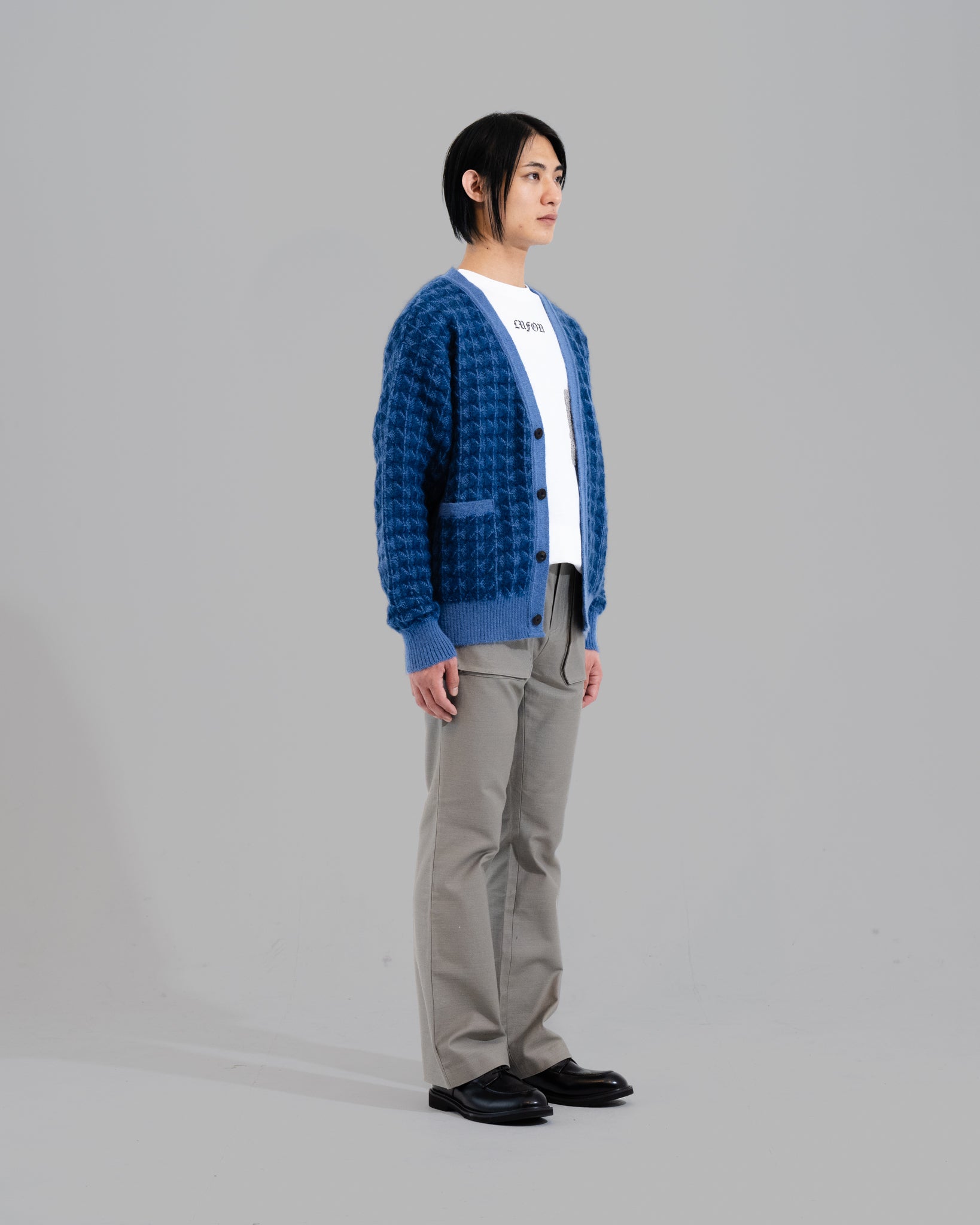 KID MOHAIR JAQUARD KNIT CARDIGAN - NAVY BLUE