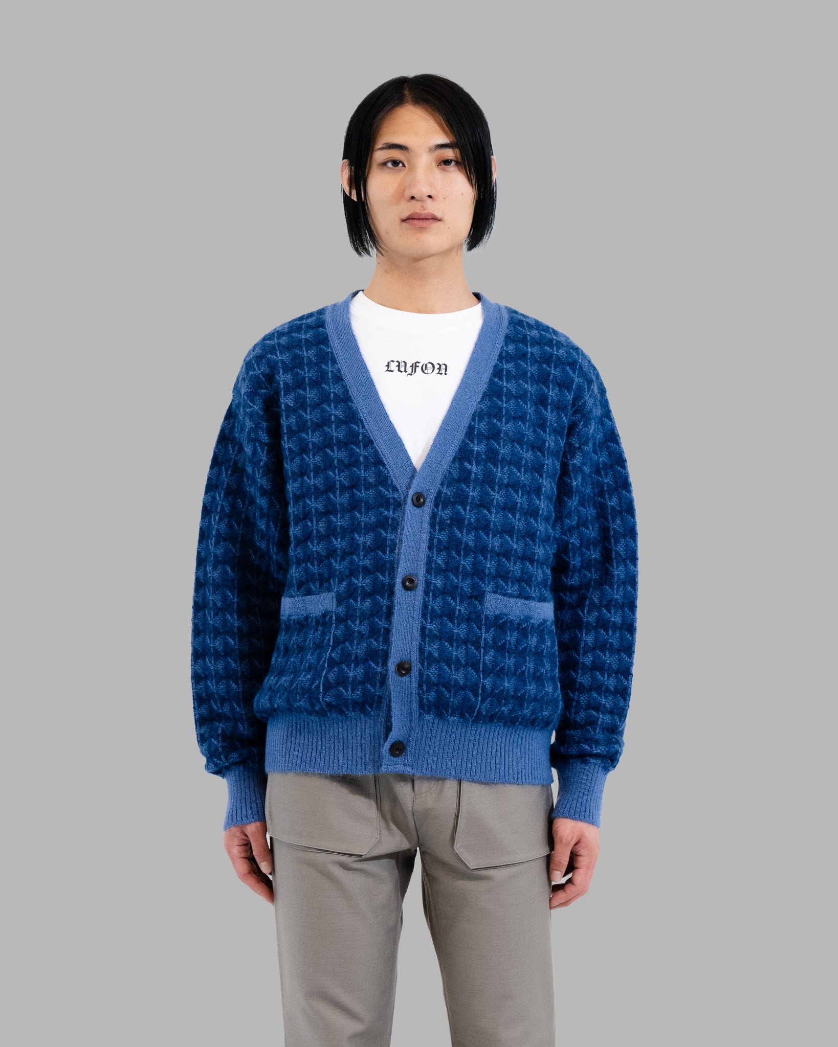 KID MOHAIR JAQUARD KNIT CARDIGAN - NAVY BLUE