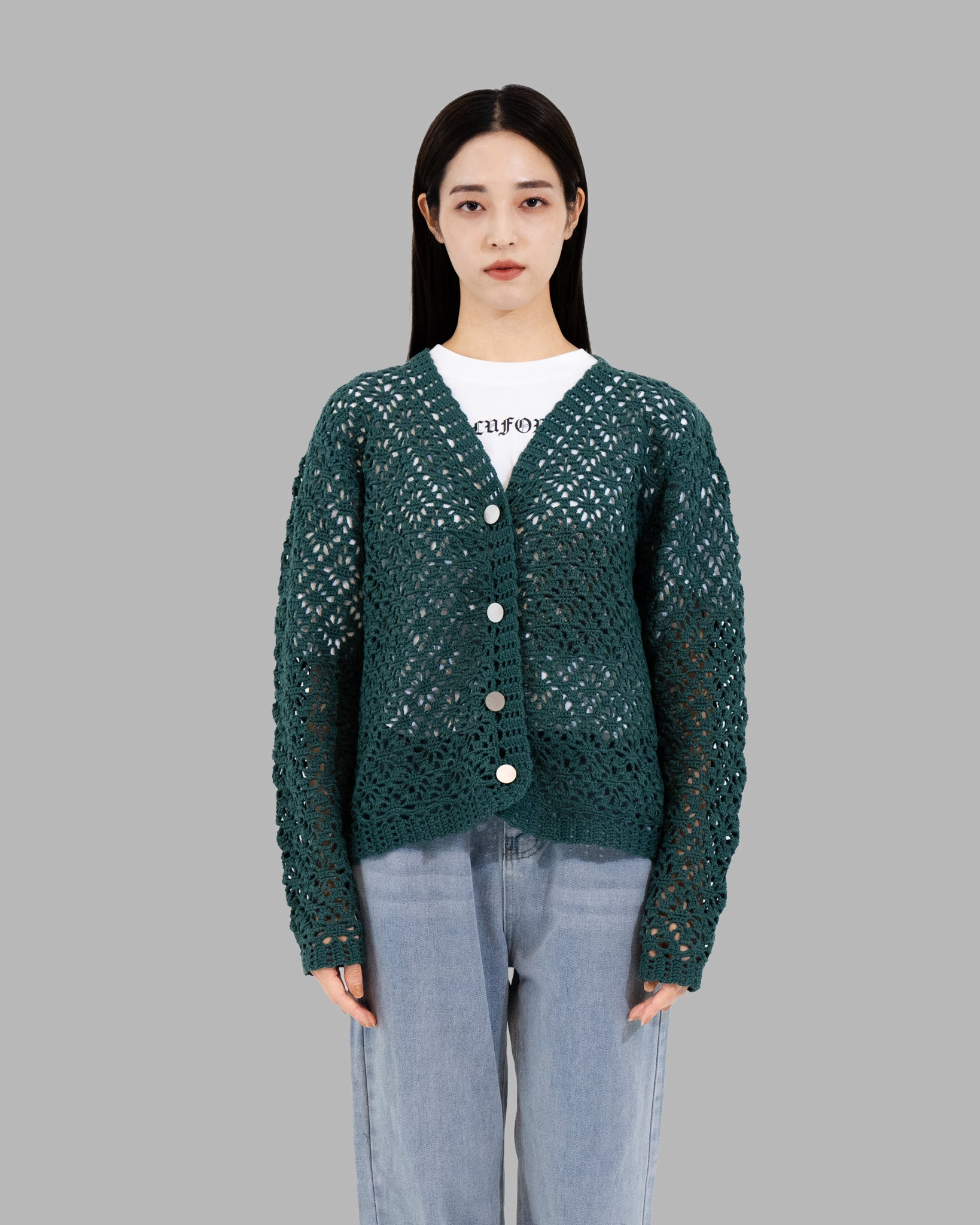 CROCHET HAND KNIT CARDIGAN -  GREEN