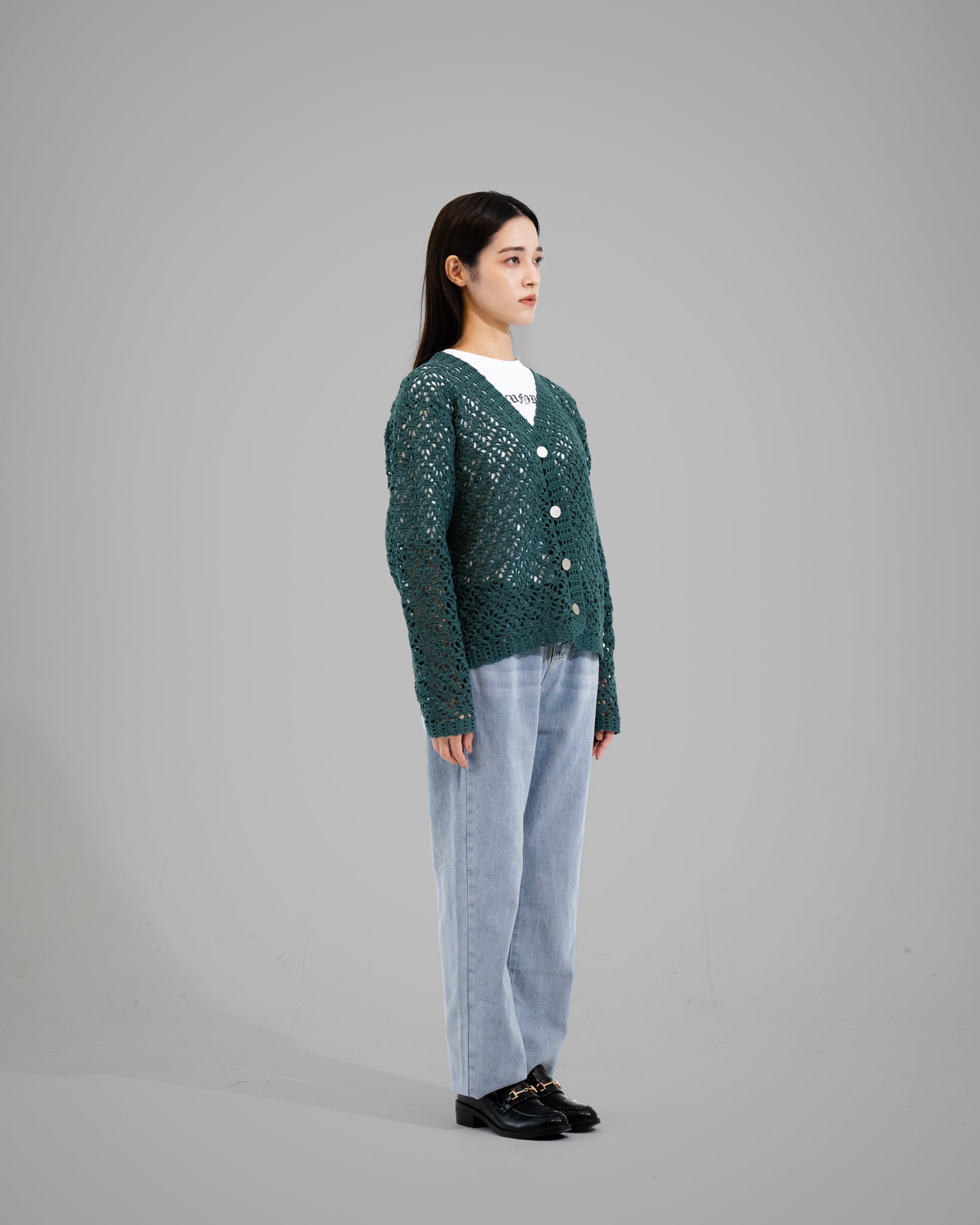 CROCHET HAND KNIT CARDIGAN -  GREEN