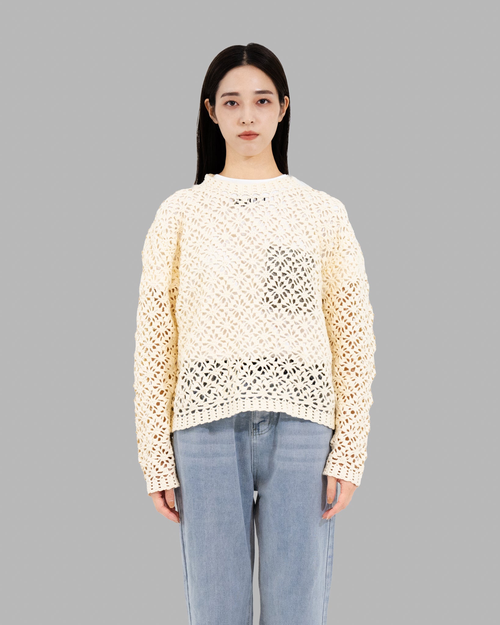 Crochet Hand Knit Pullover Sweater -Off White