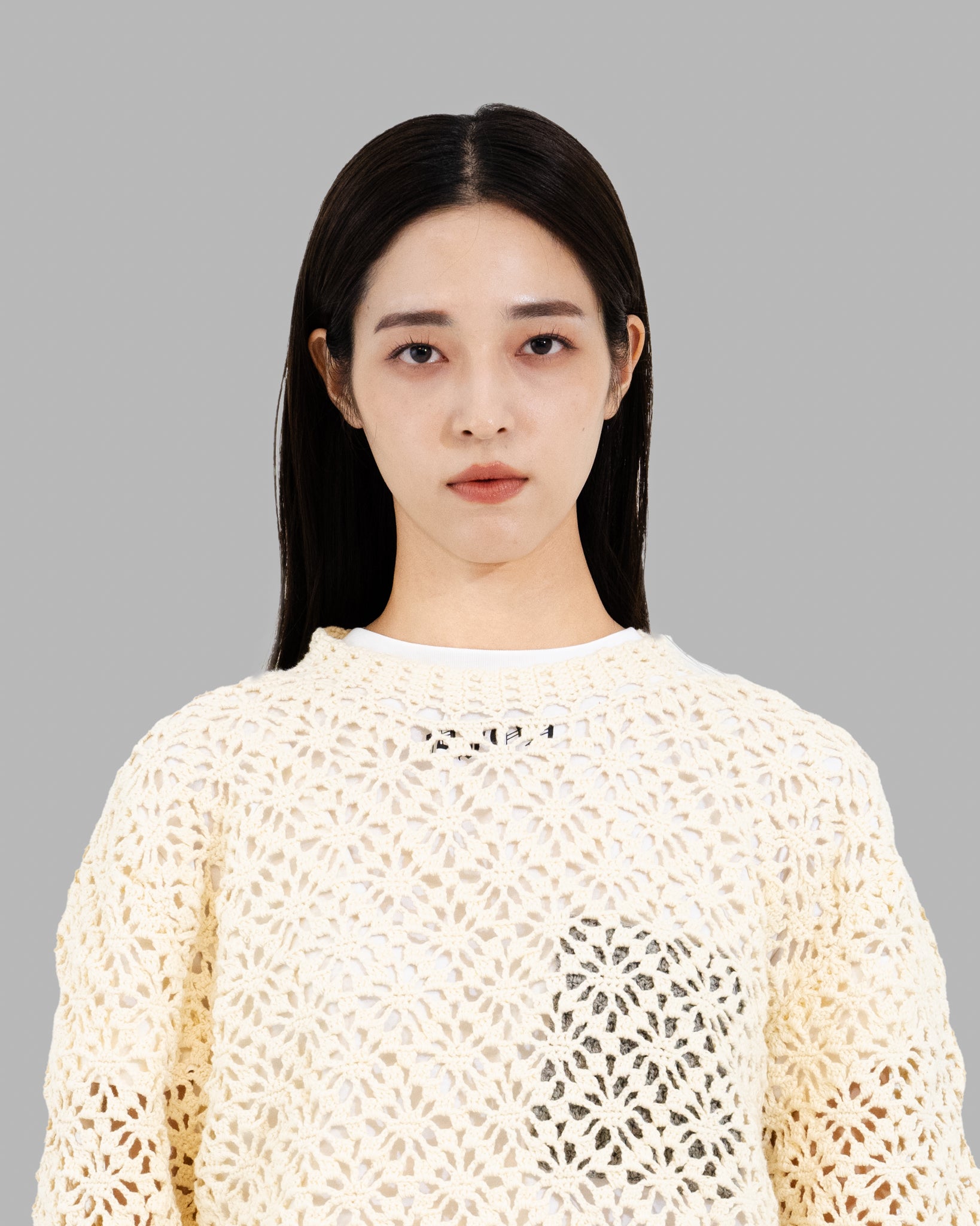 CROCHET HAND KNIT PULLOVER SWEATER - OFF WHITE