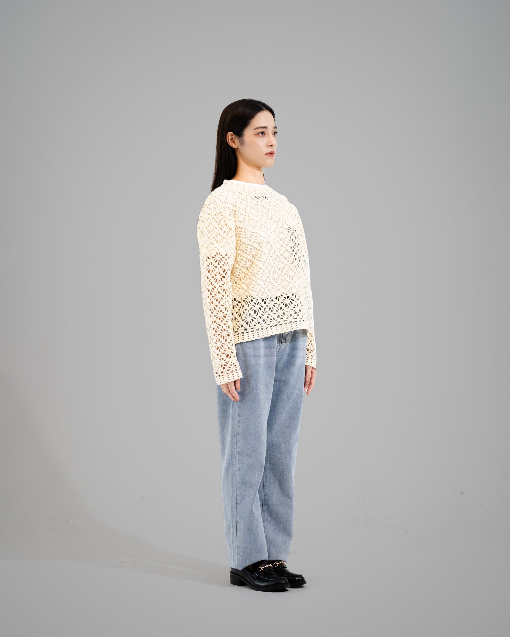 Crochet Hand Knit Pullover Sweater -Off White