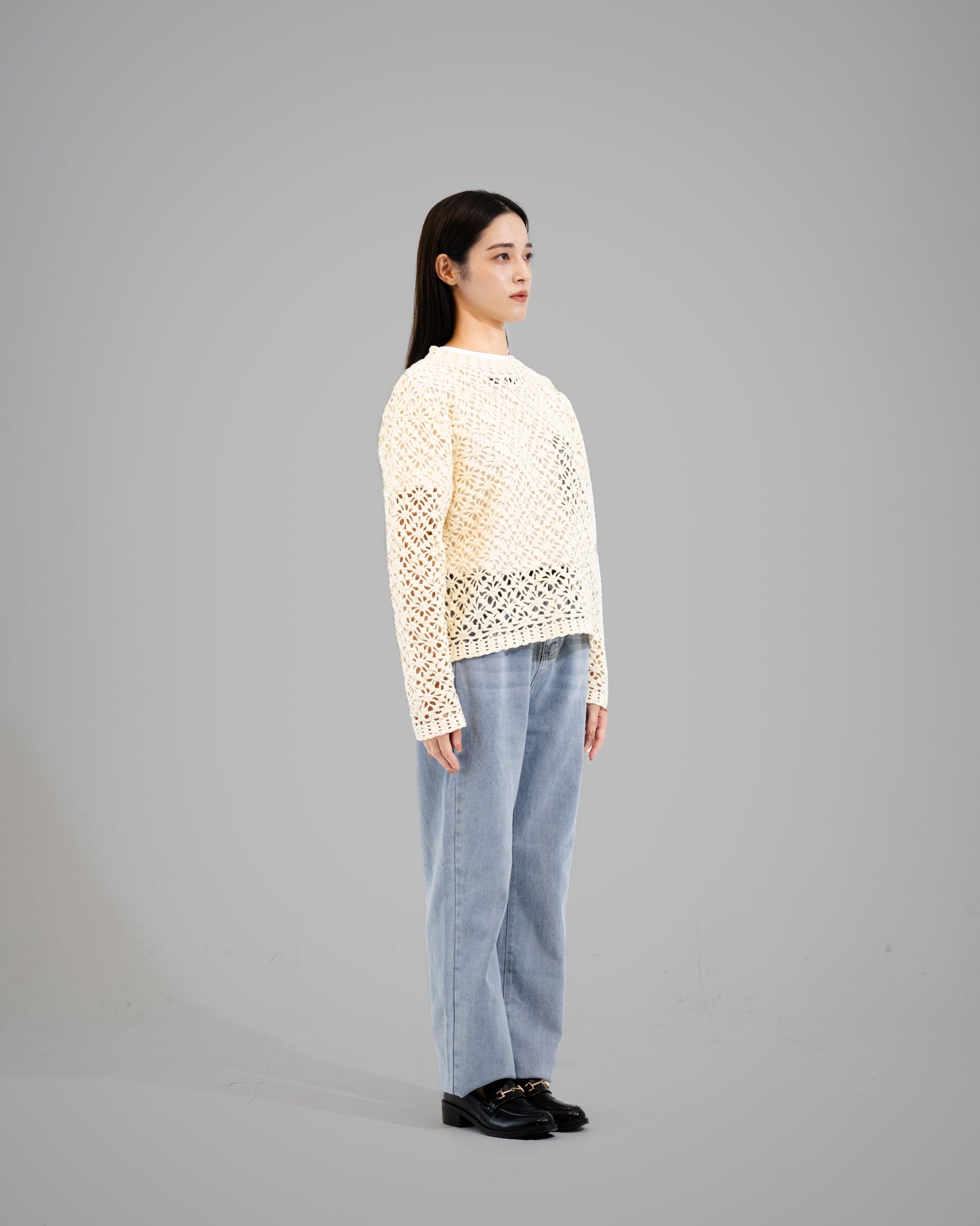 CROCHET HAND KNIT PULLOVER SWEATER - OFF WHITE