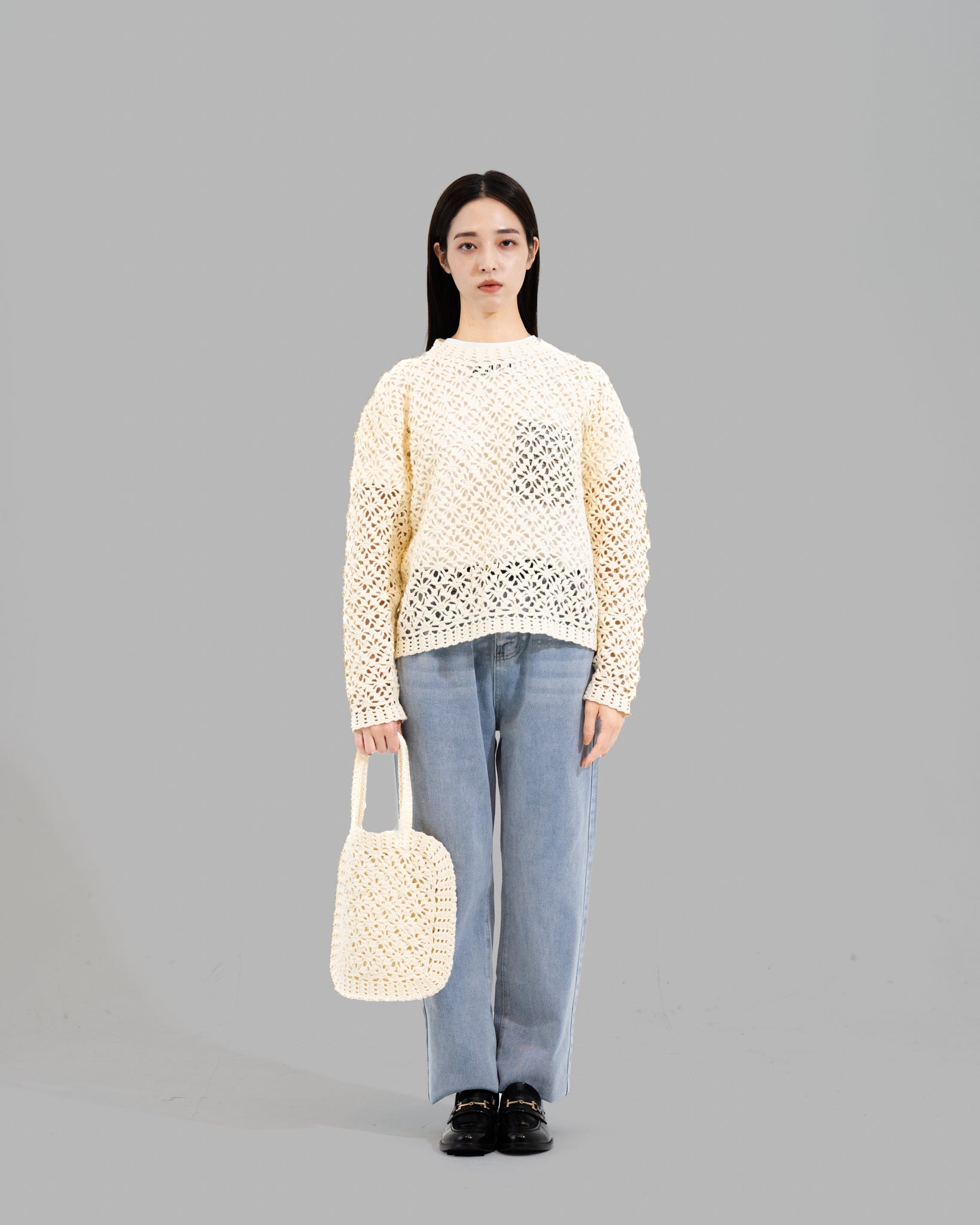 CROCHET HAND KNIT TOTE BAG - OFF WHITE