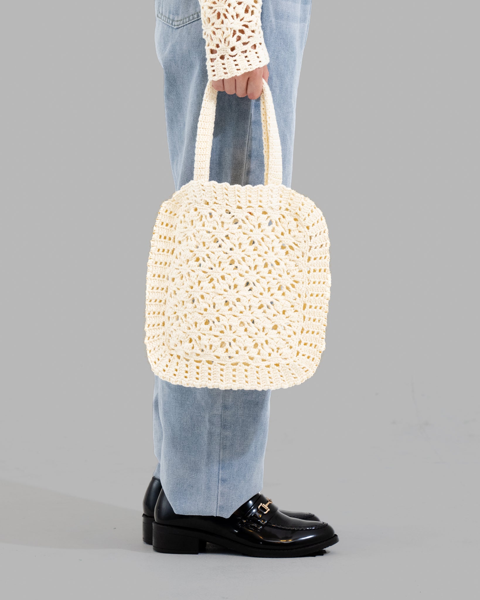 CROCHET HAND KNIT TOTE BAG - OFF WHITE