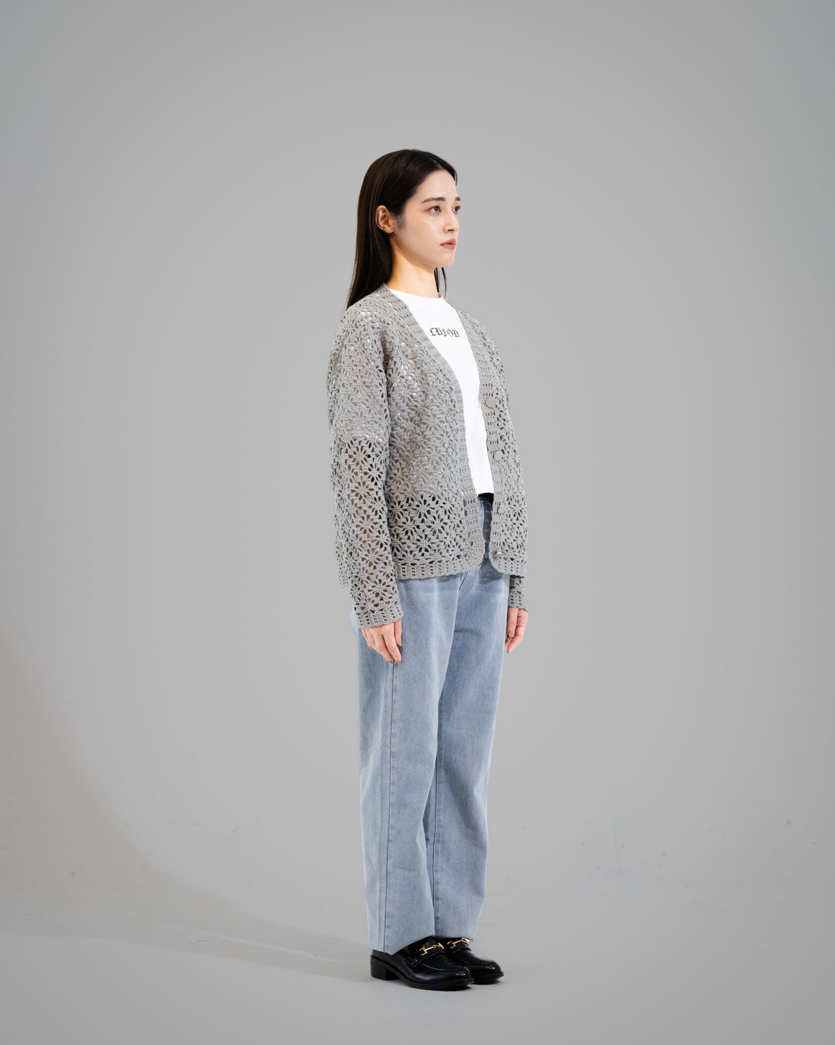 CROCHET HAND KNIT CARDIGAN -  GREY