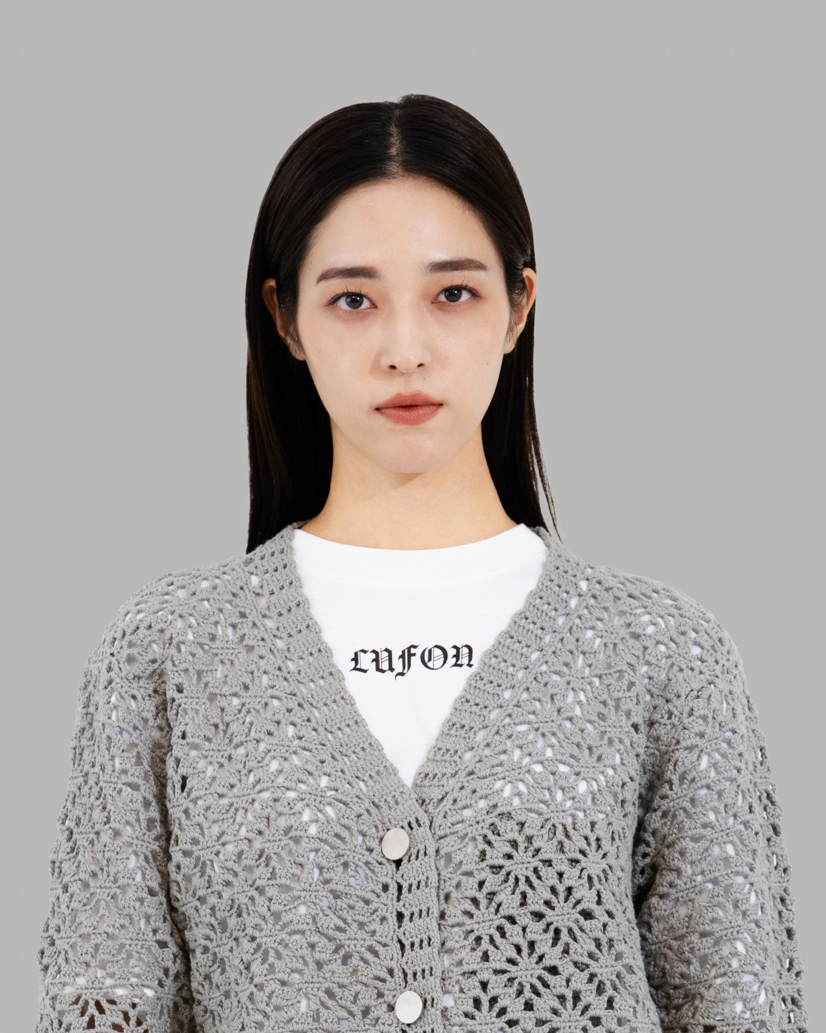 CROCHET HAND KNIT CARDIGAN -  GREY