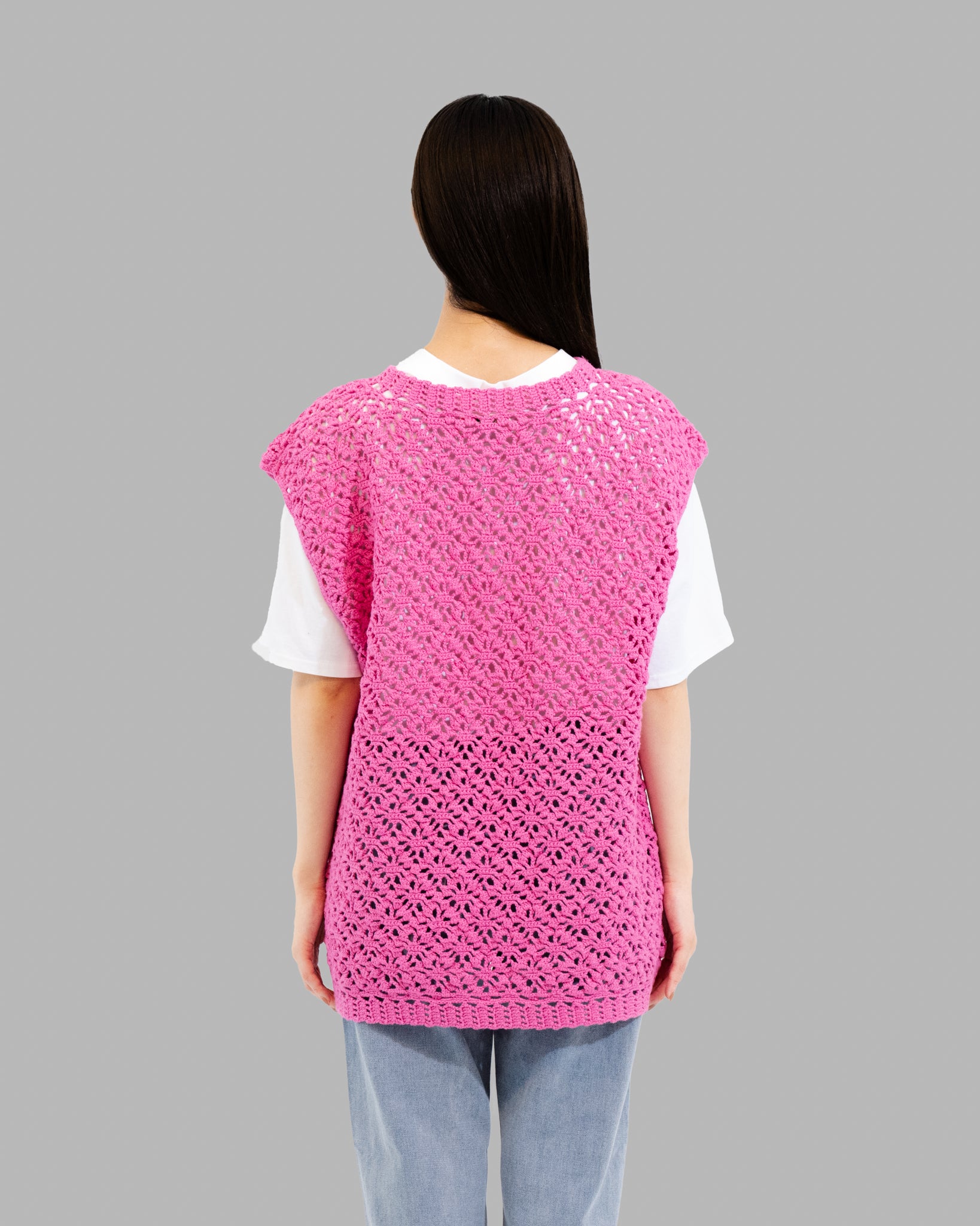 CROCHET HAND KNIT VEST - PINK