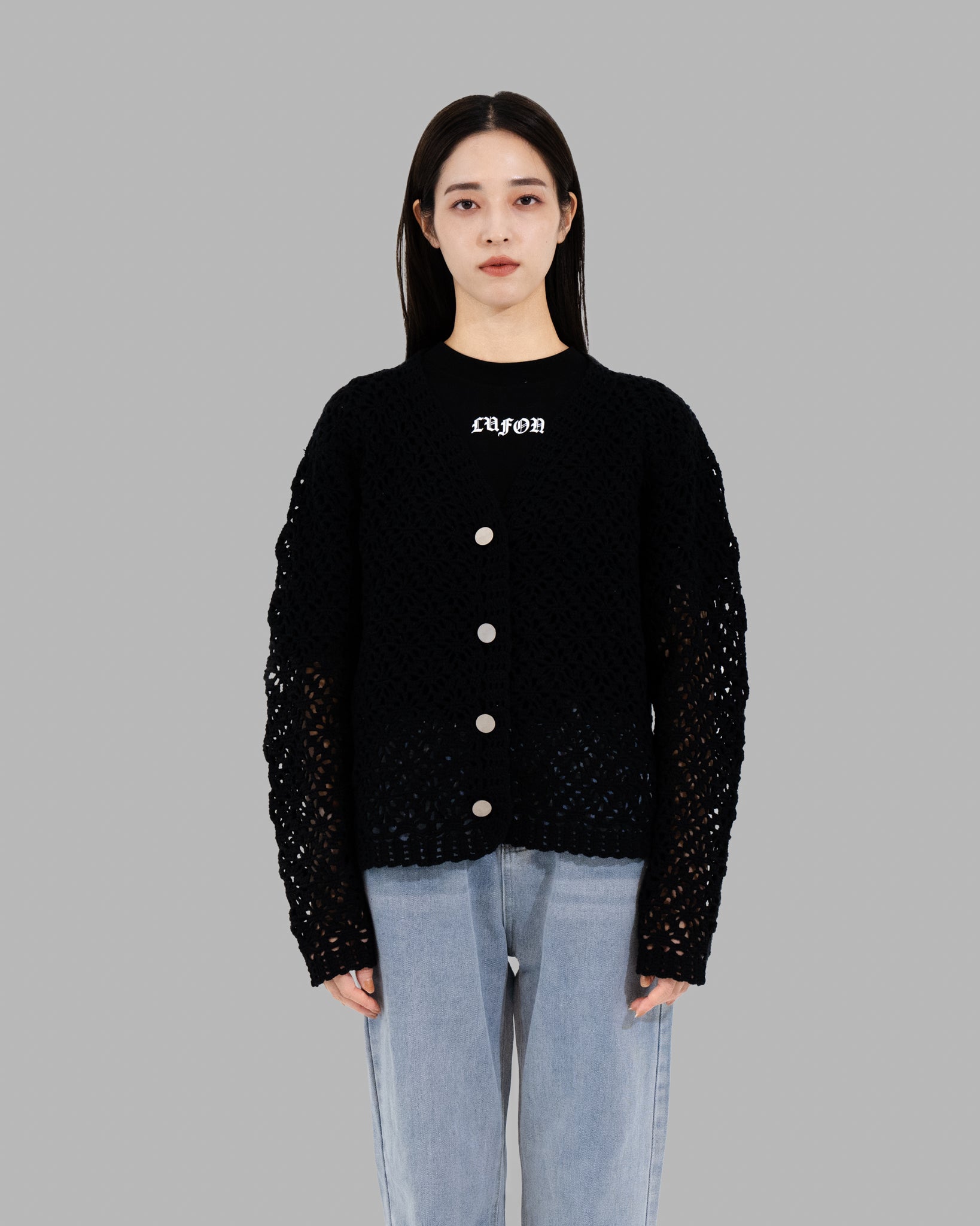 CROCHET HAND KNIT CARDIGAN - BLACK