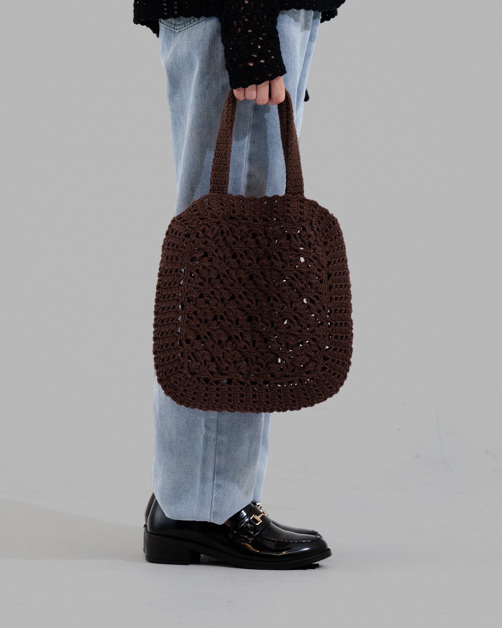 CROCHET HAND KNIT TOTE BAG - COFFEE