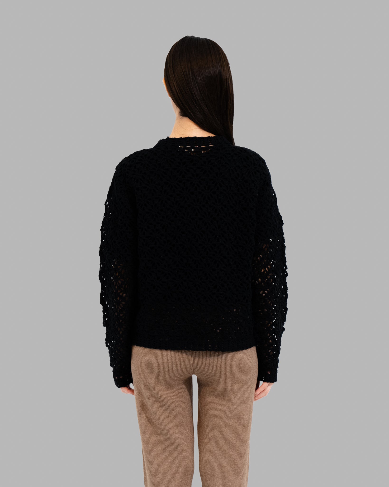 CROCHET HAND KNIT PULLOVER SWEATER - BLACK