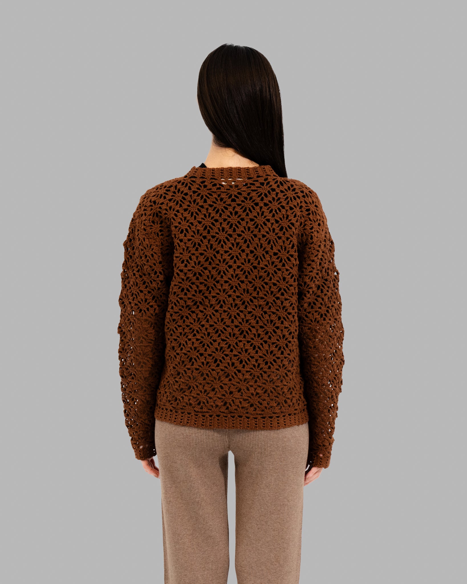 CROCHET HAND KNIT PULLOVER SWEATER - BROWN