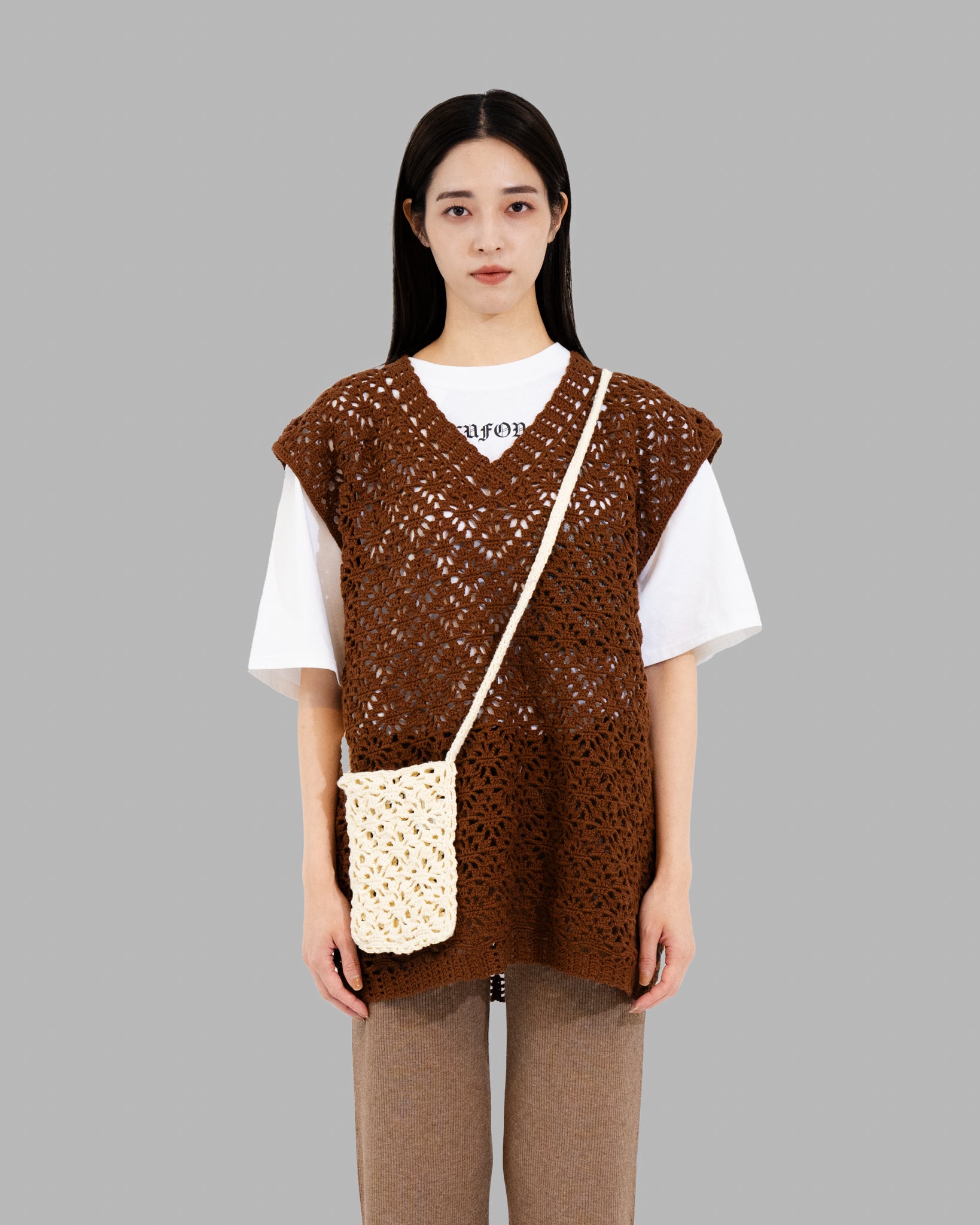 CROCHET HAND KNIT VEST - BROWN