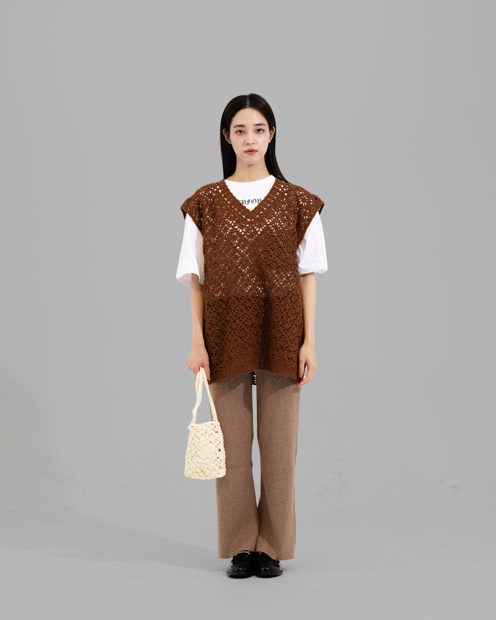 Crochet Hand Knit Vest-Brown