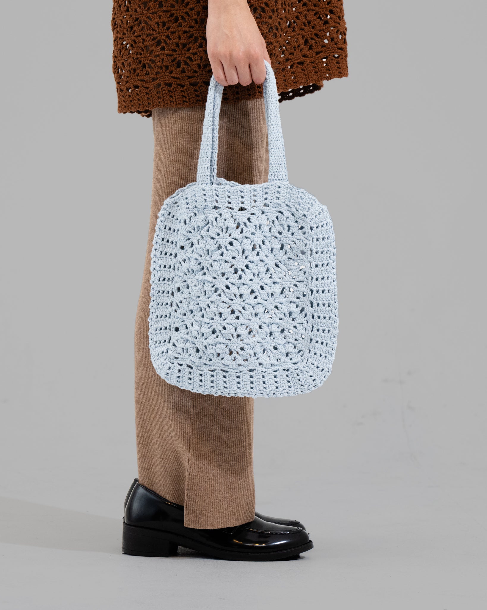 CROCHET HAND KNIT TOTE BAG - LIGHT BLUE