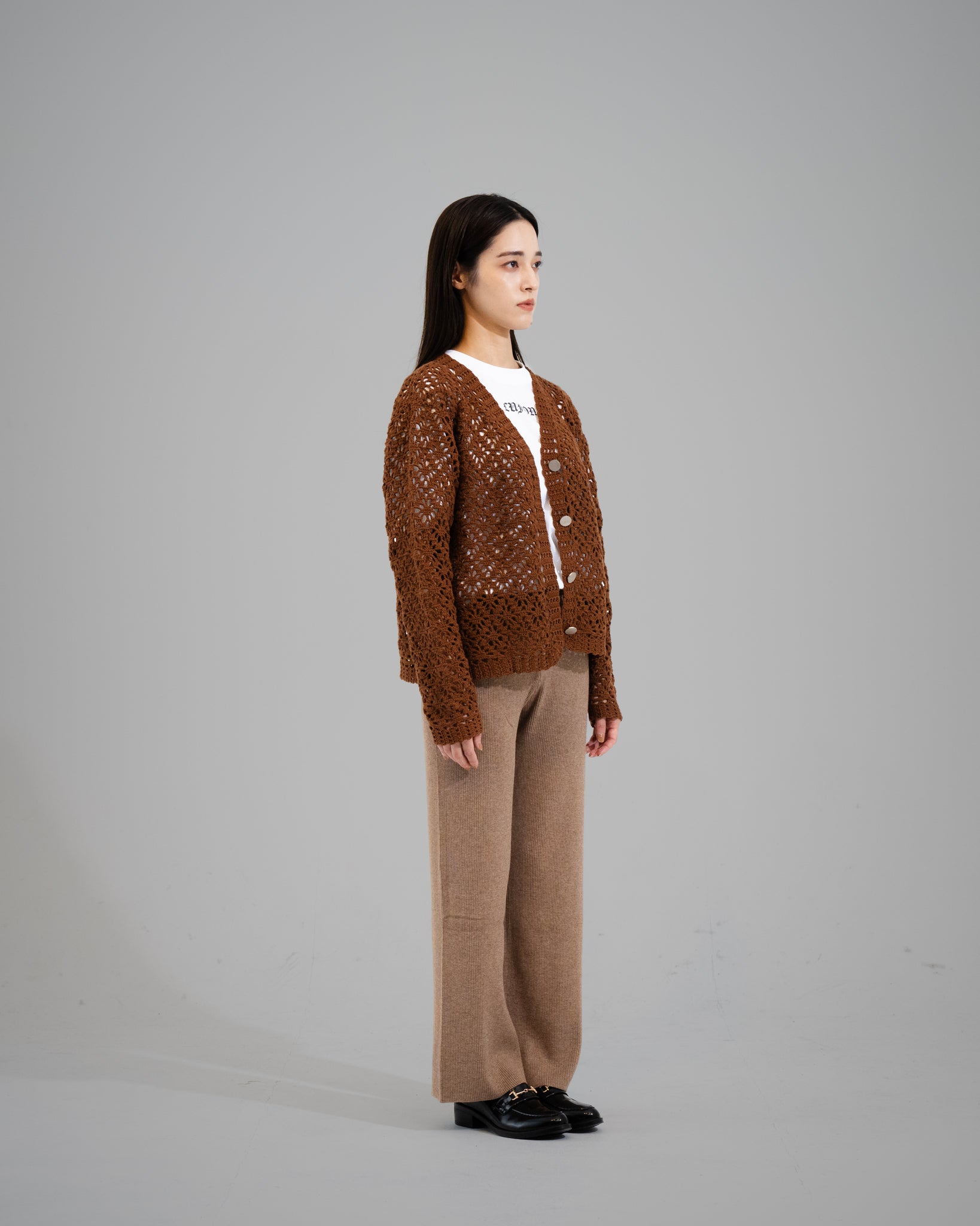 CROCHET HAND KNIT CARDIGAN -  BROWN