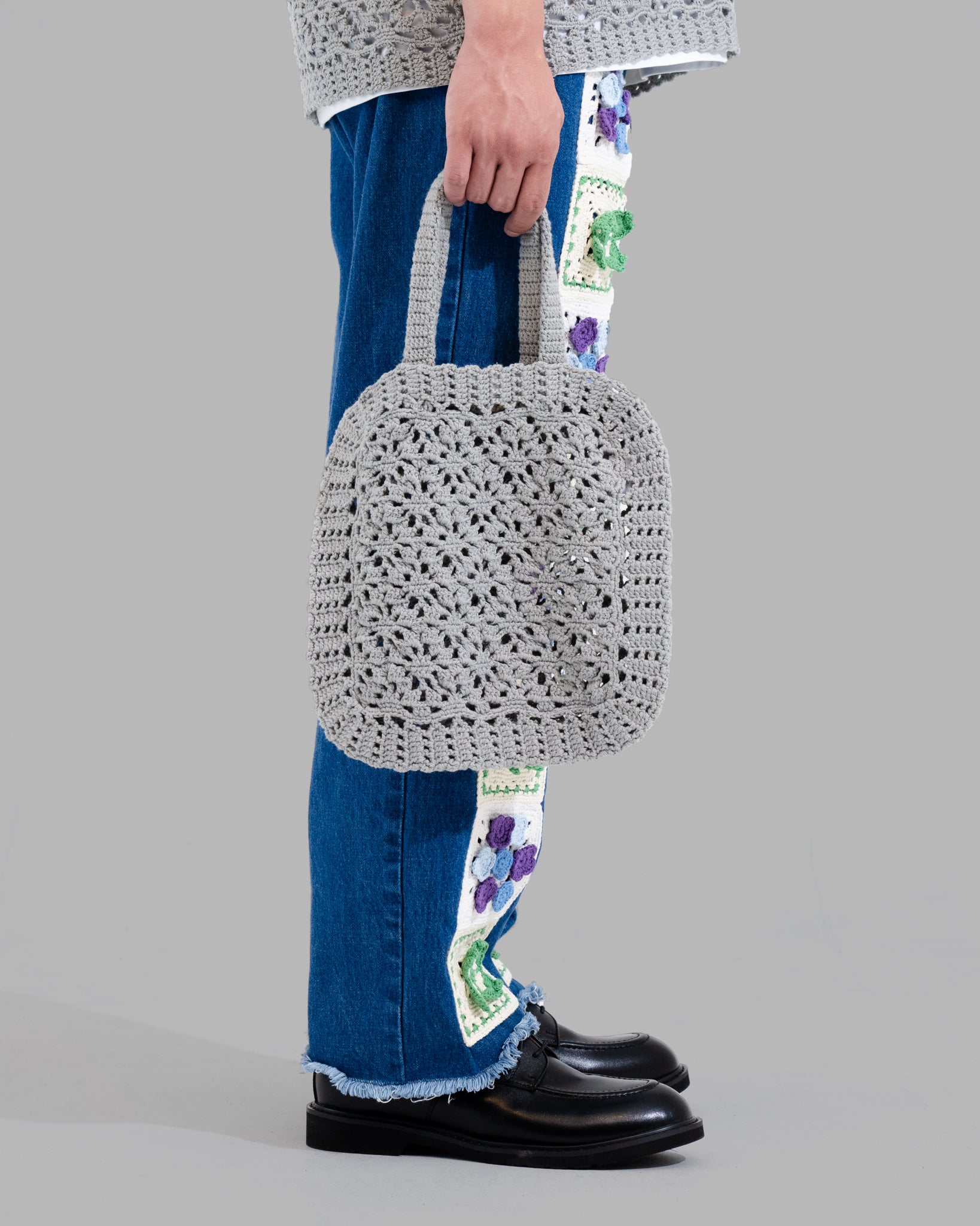 CROCHET HAND KNIT TOTE BAG - GREY