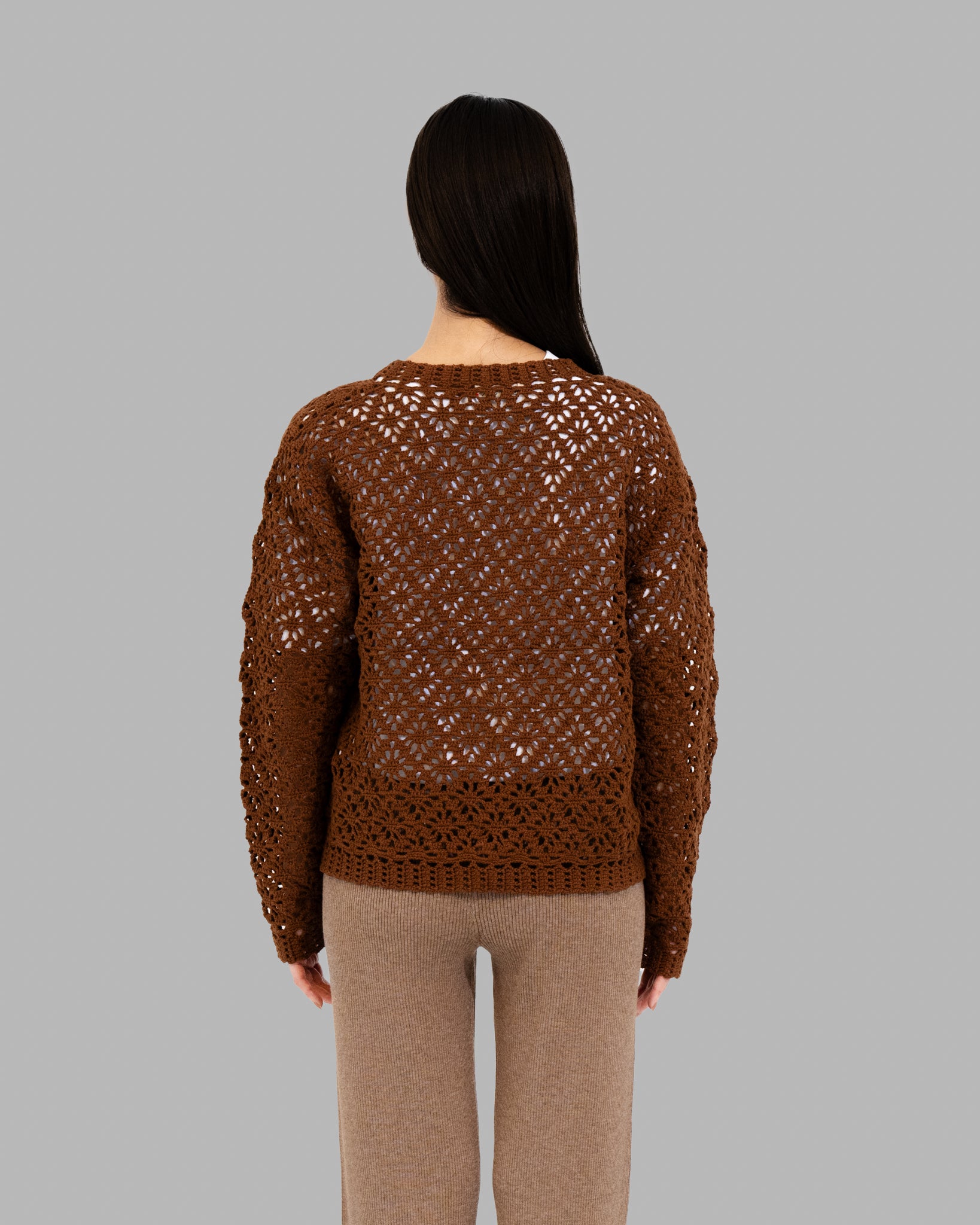 CROCHET HAND KNIT CARDIGAN -  BROWN