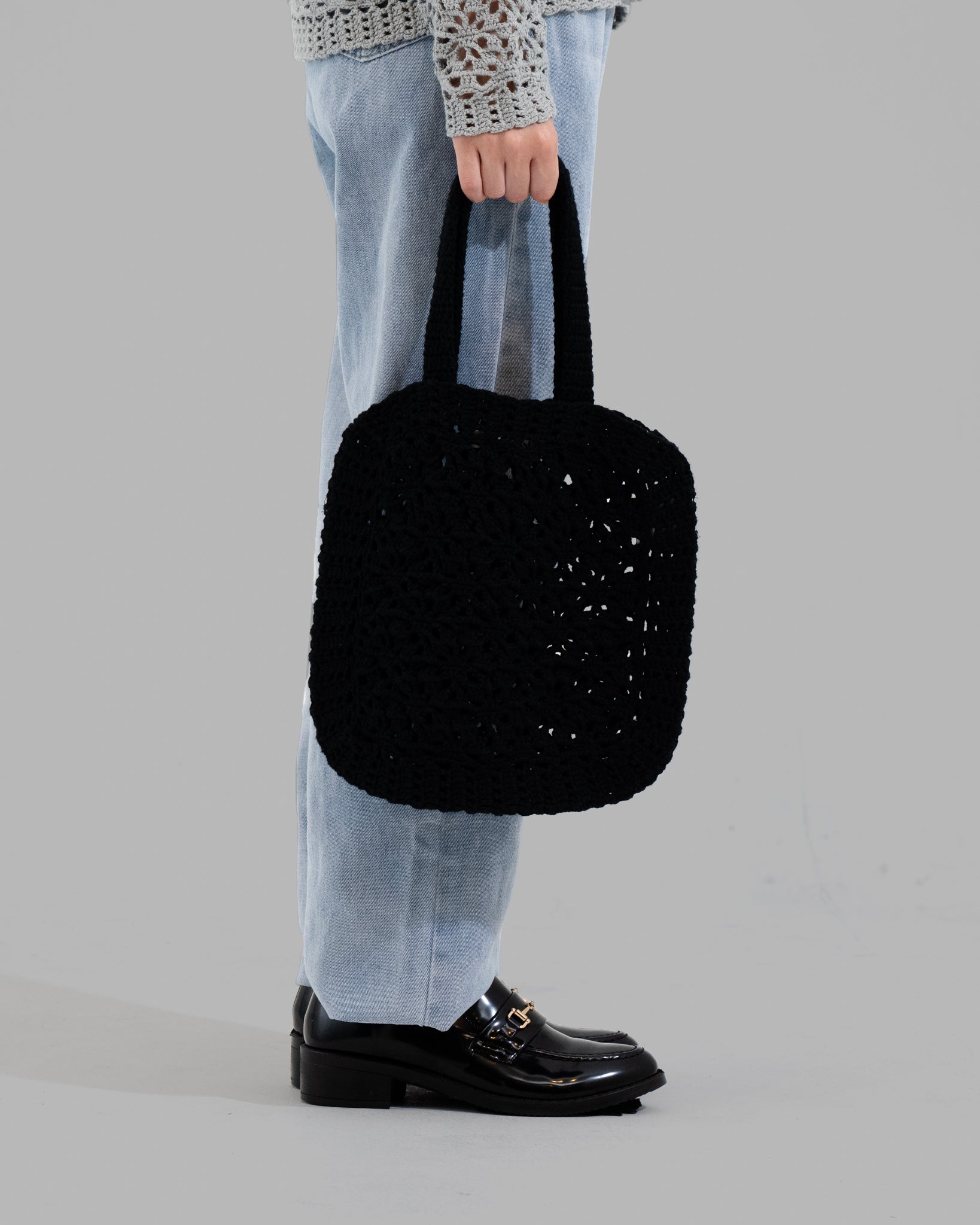 CROCHET HAND KNIT TOTE BAG - BLACK