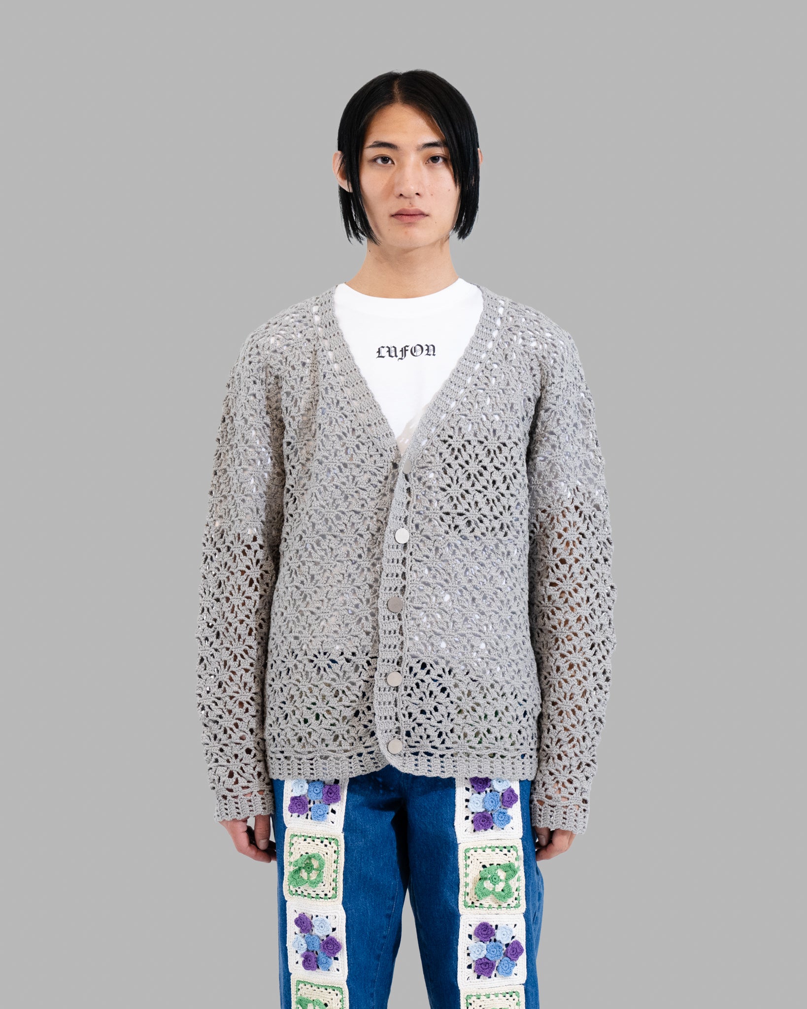 CROCHET HAND KNIT CARDIGAN -  GREY