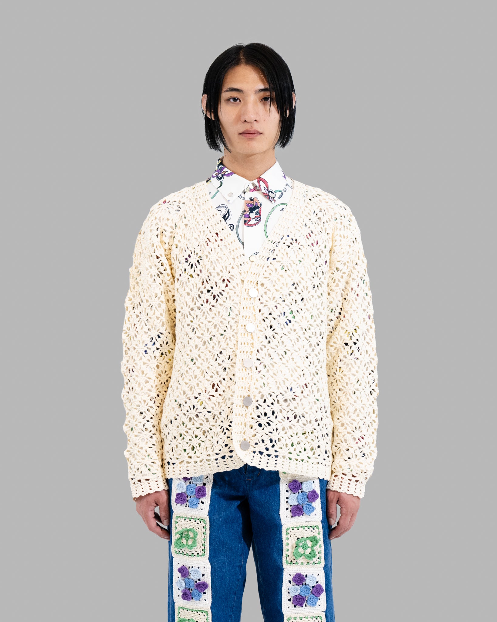 Crochet Hand Knit Cardigan -Off White