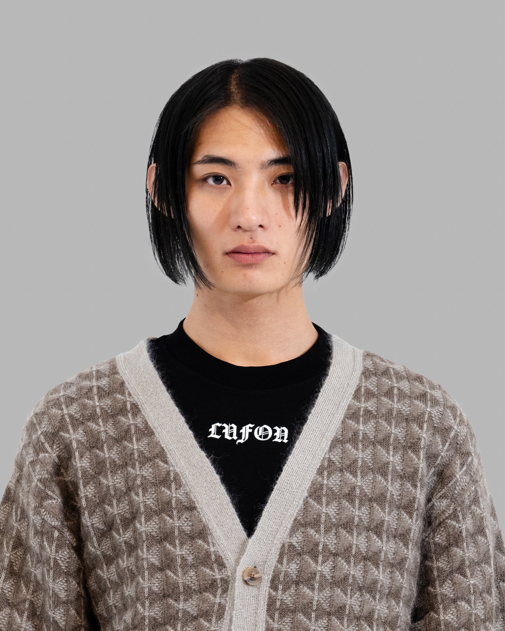 Kid Mohair Jaquard Knit Cardigan --Greige