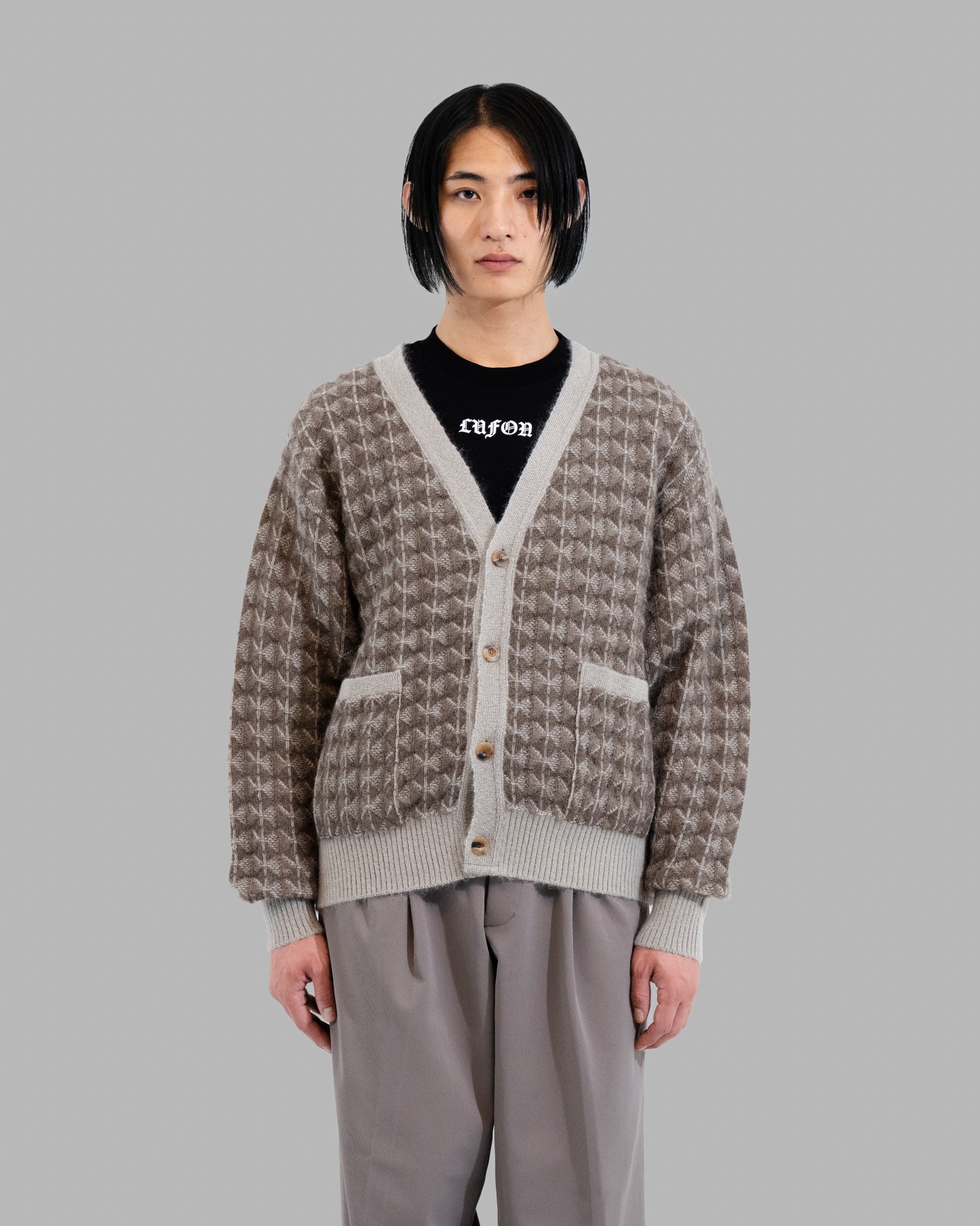 KID MOHAIR JAQUARD KNIT CARDIGAN - GREIGE