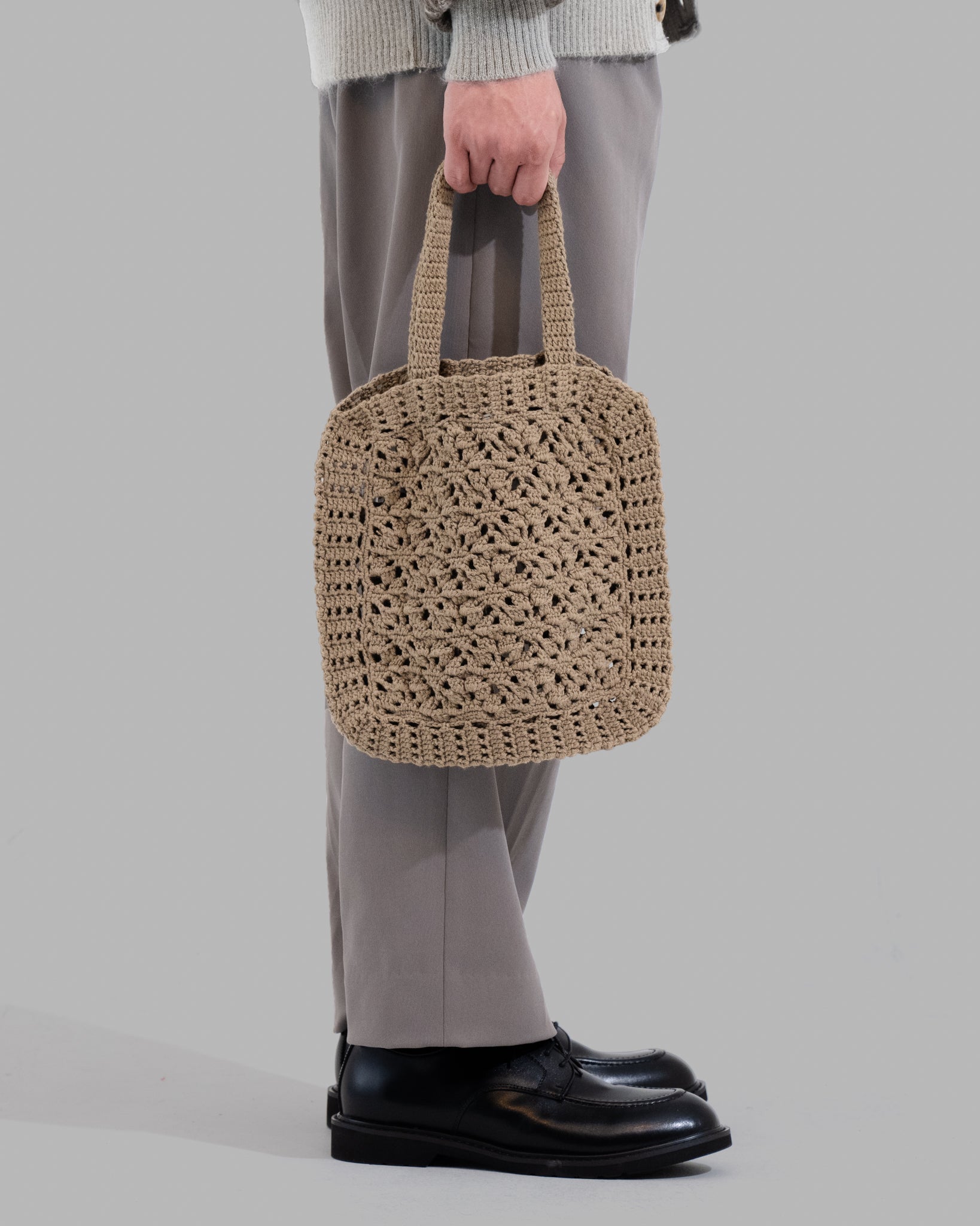 CROCHET HAND KNIT TOTE BAG - MOCHA