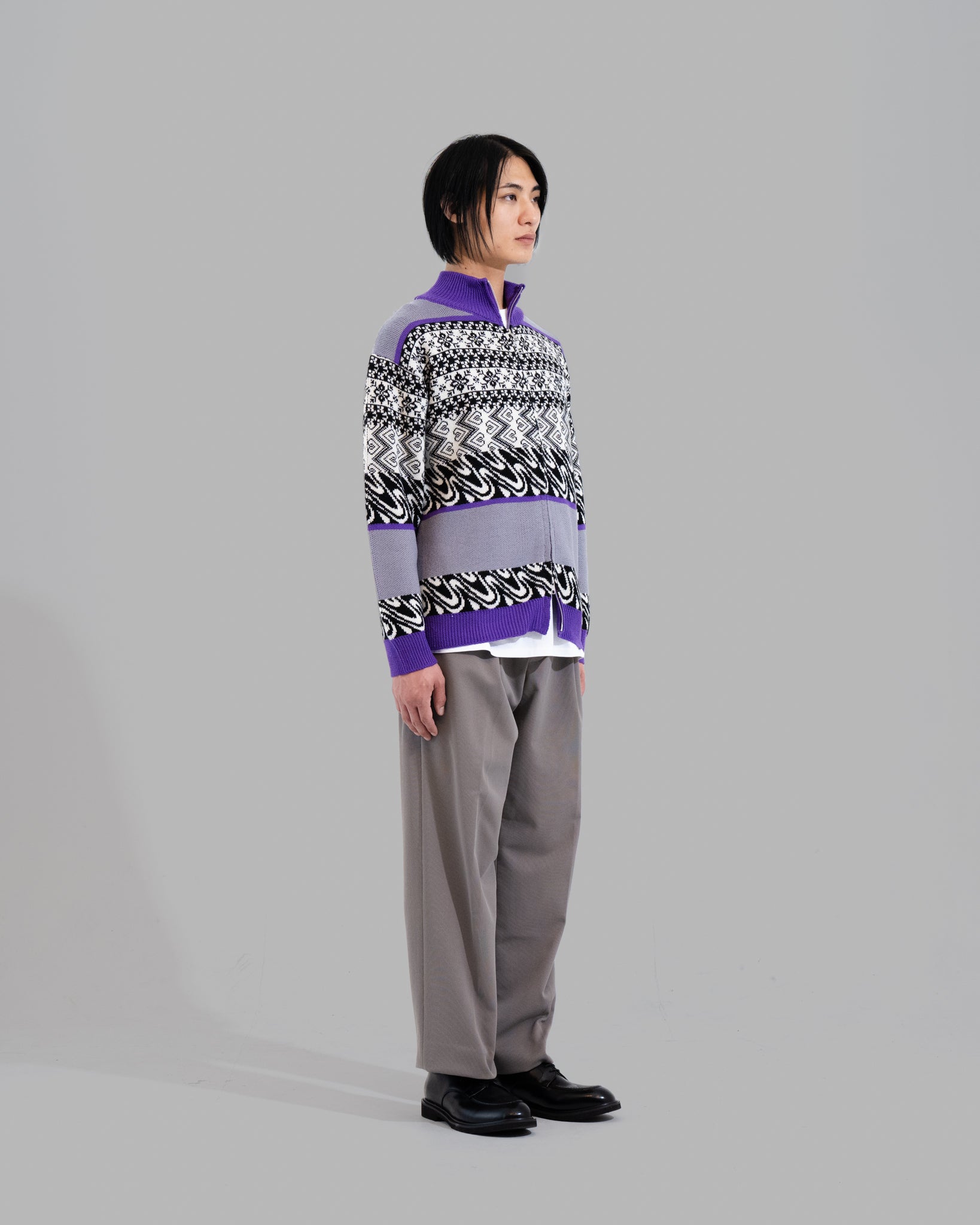 MERINO WOOL FAIRISLE JAQUARD DRIVERS KNIT - GREY/PURPLE MIX