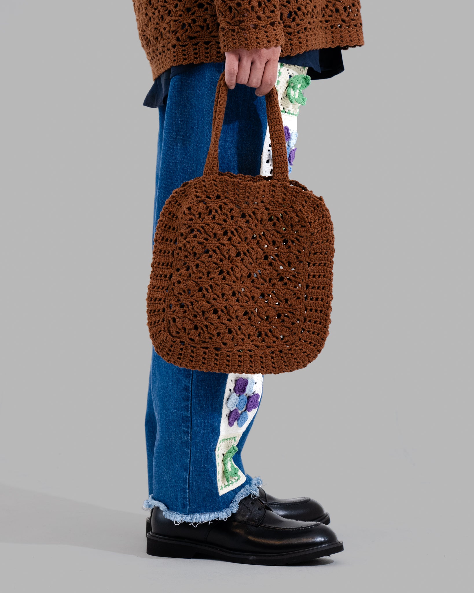 CROCHET HAND KNIT TOTE BAG - BROWN
