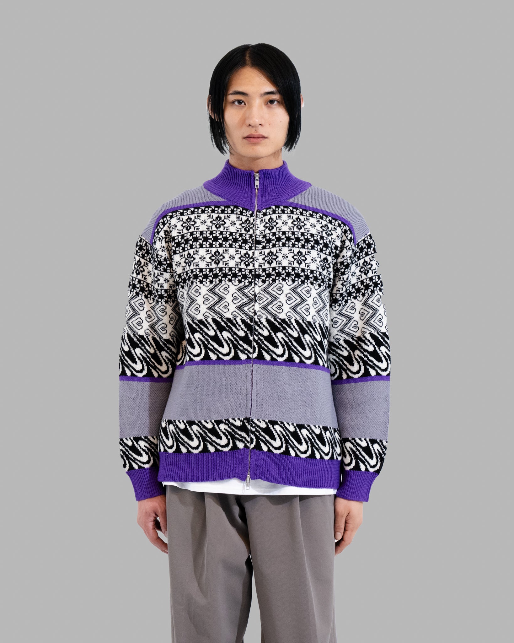 MERINO WOOL FAIRISLE JAQUARD DRIVERS KNIT - GREY/PURPLE MIX