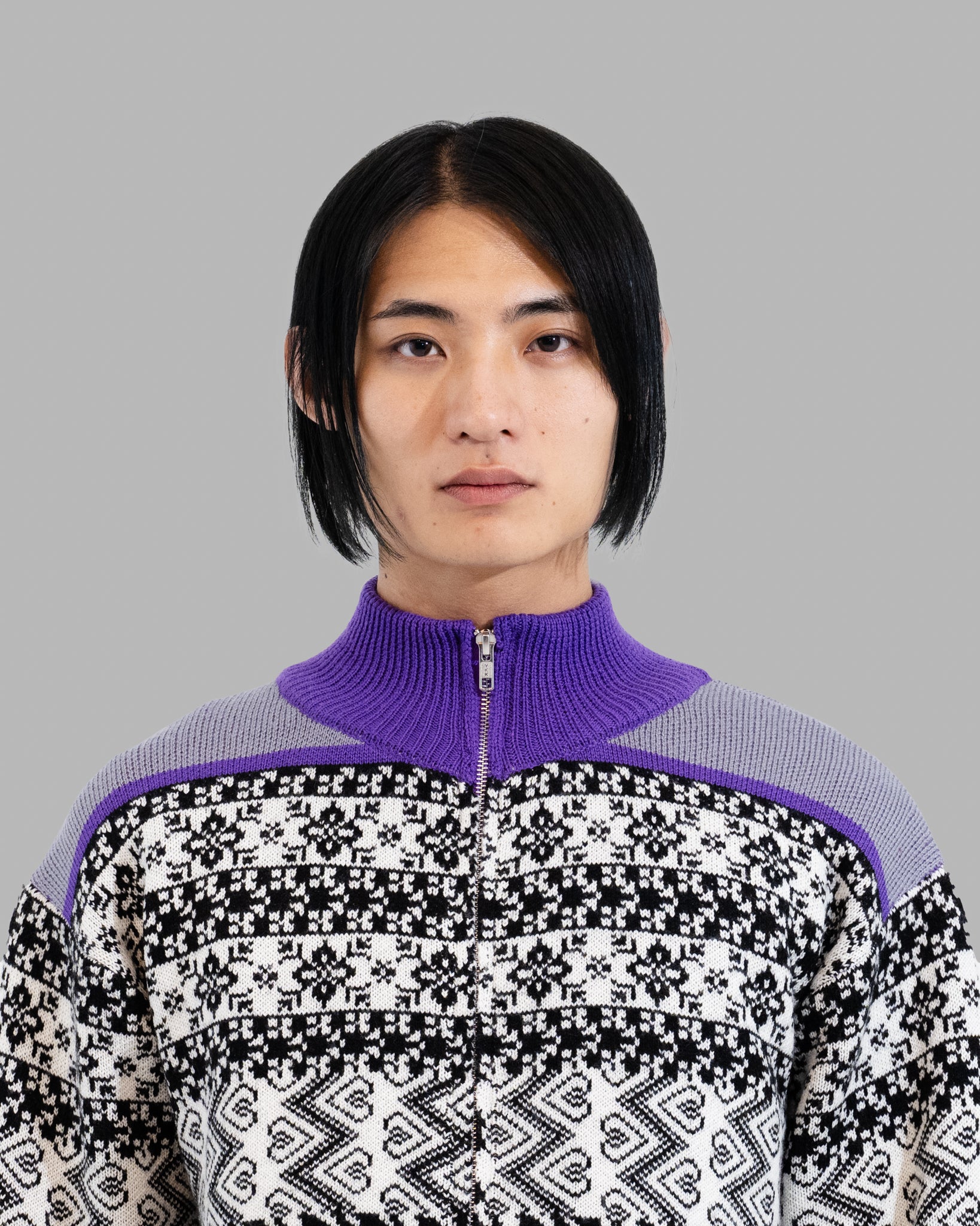 MERINO WOOL FAIRISLE JAQUARD DRIVERS KNIT - GREY/PURPLE MIX