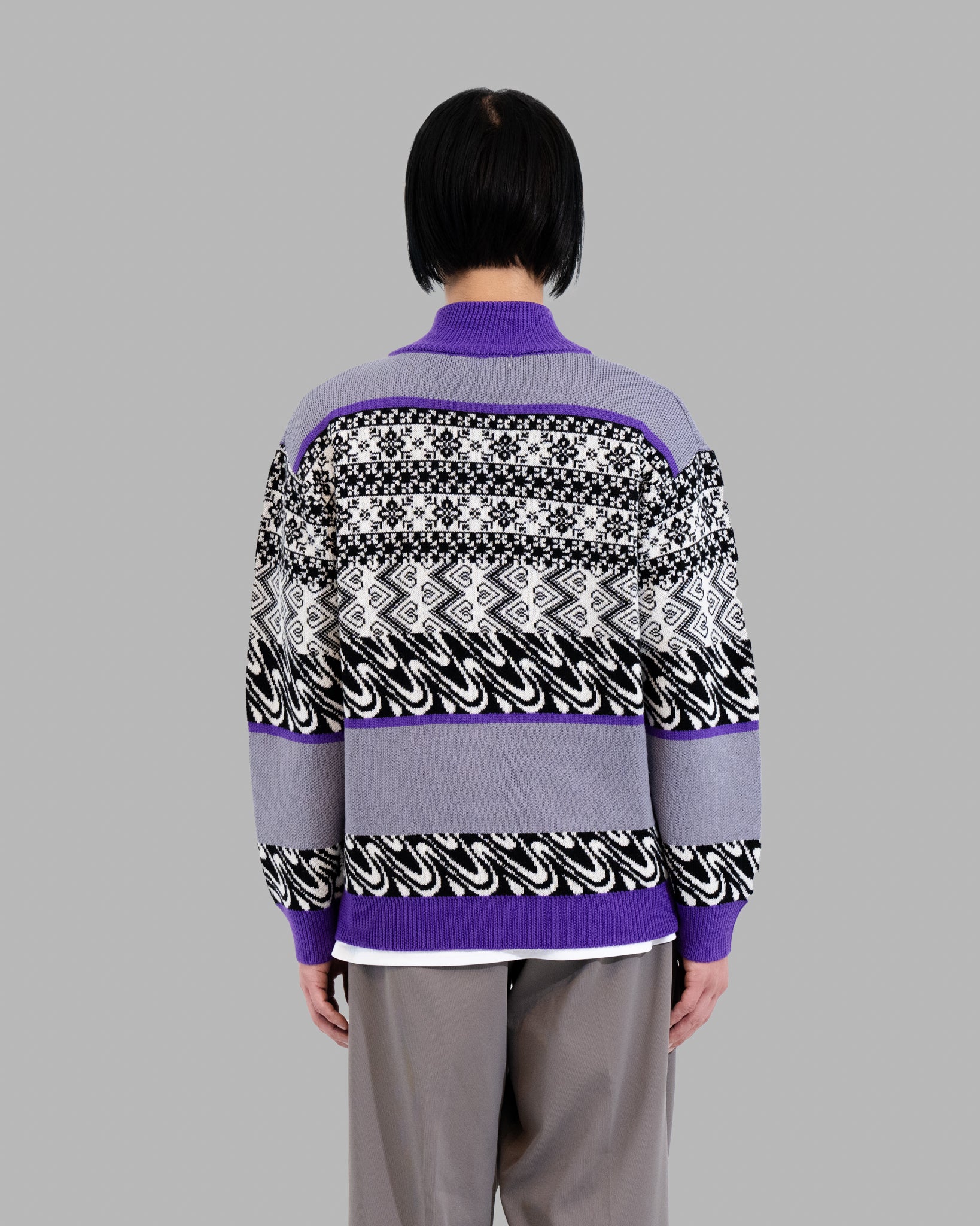 MERINO WOOL FAIRISLE JAQUARD DRIVERS KNIT - GREY/PURPLE MIX