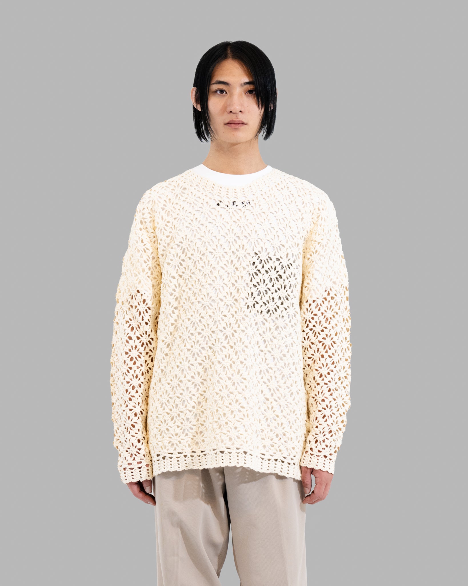 Crochet Hand Knit Pullover Sweater -Off White