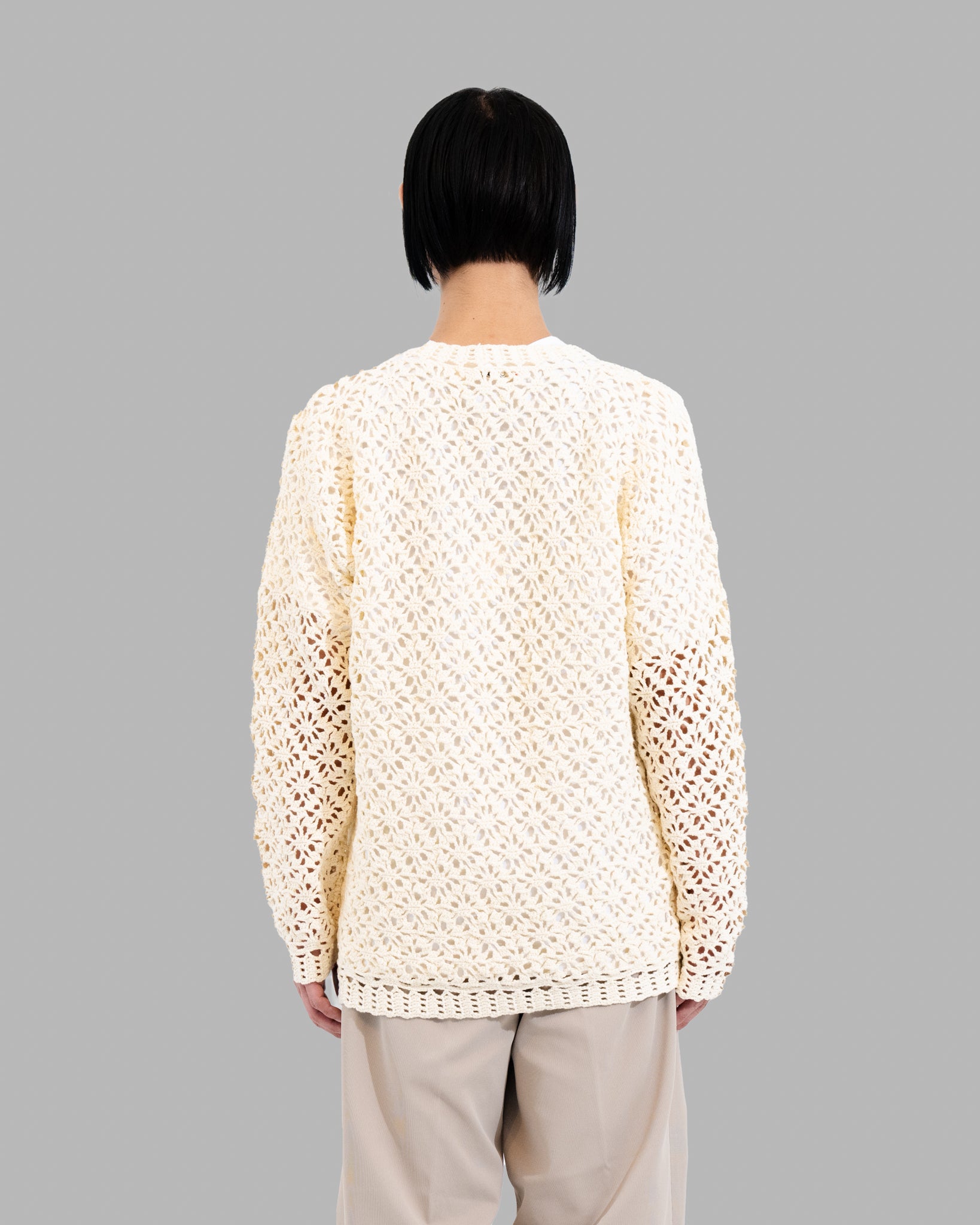CROCHET HAND KNIT PULLOVER SWEATER - OFF WHITE