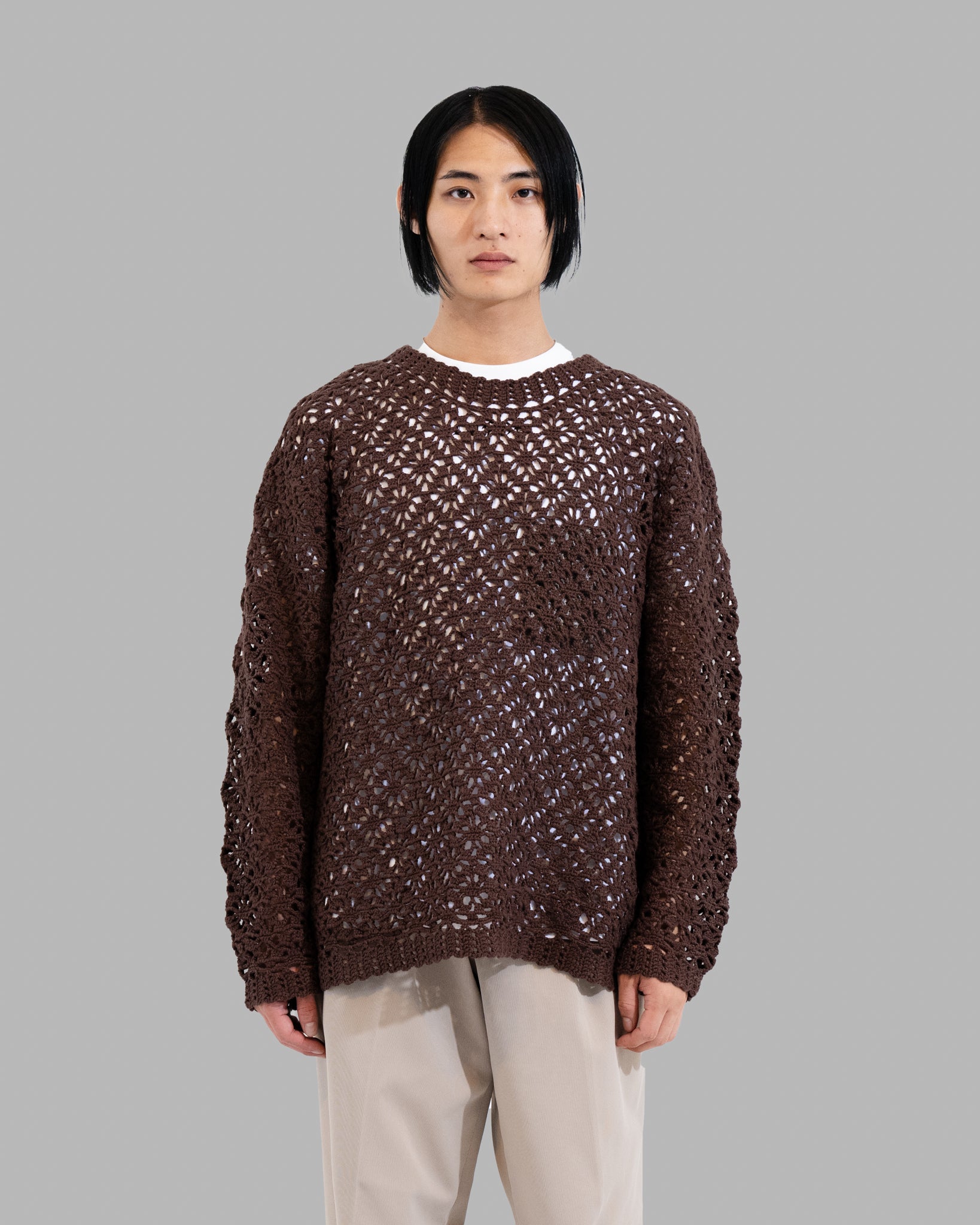 CROCHET HAND KNIT PULLOVER SWEATER - COFFEE