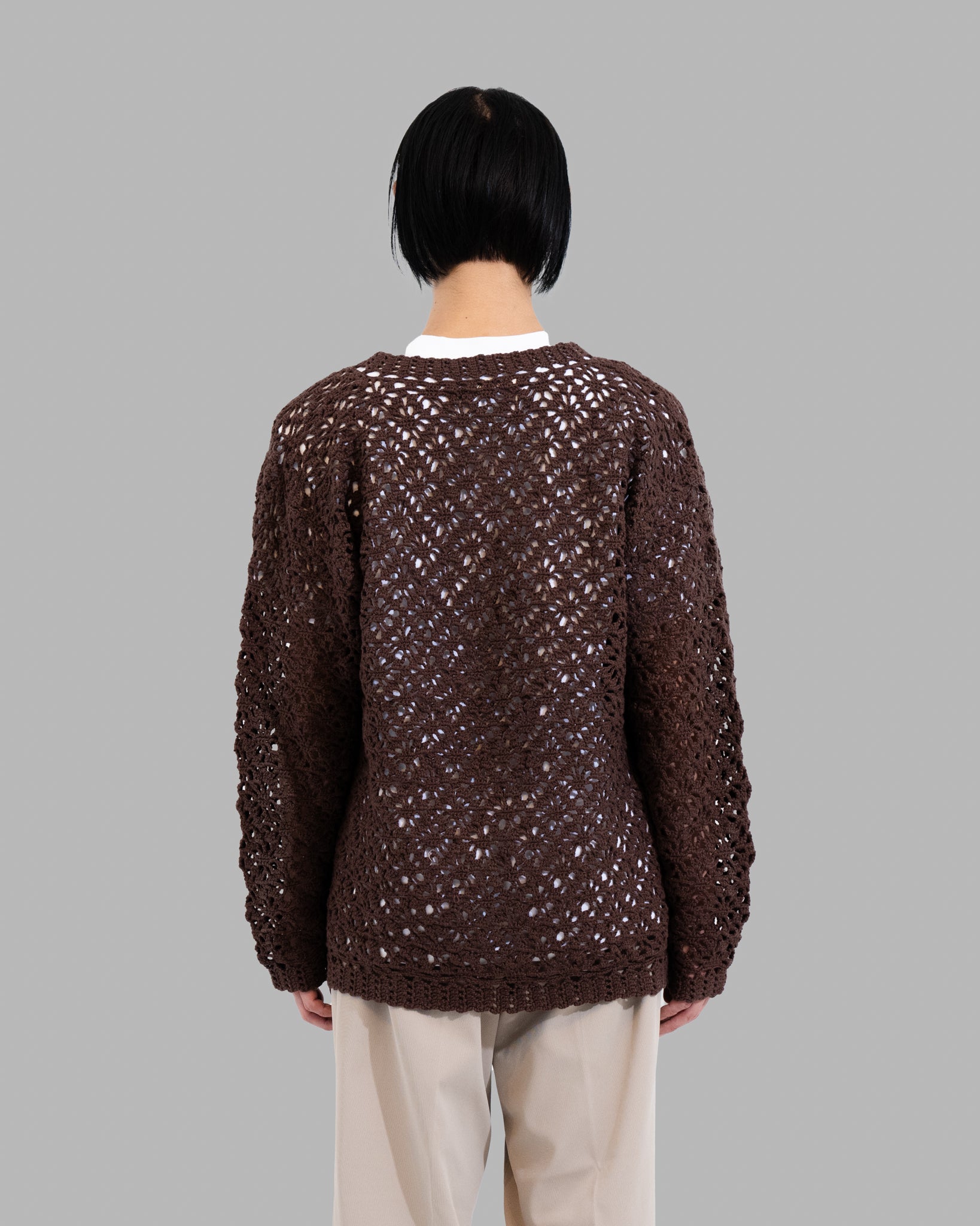 CROCHET HAND KNIT PULLOVER SWEATER - COFFEE
