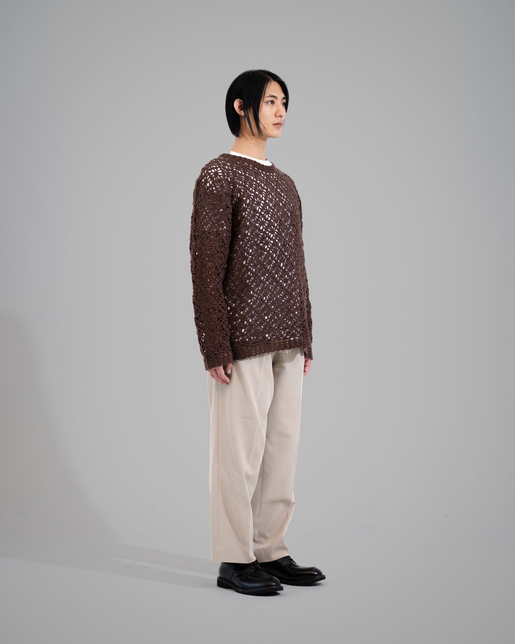 CROCHET HAND KNIT PULLOVER SWEATER - COFFEE