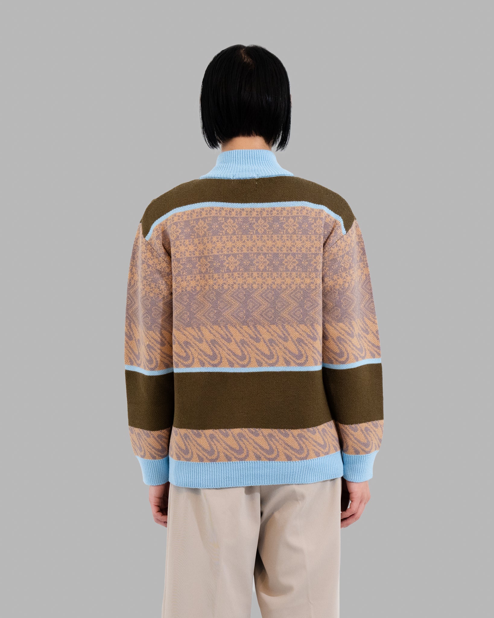 Merino Wool Fairisle Jaquard Drivers Knit -Brawn Caki/mezcla azul claro