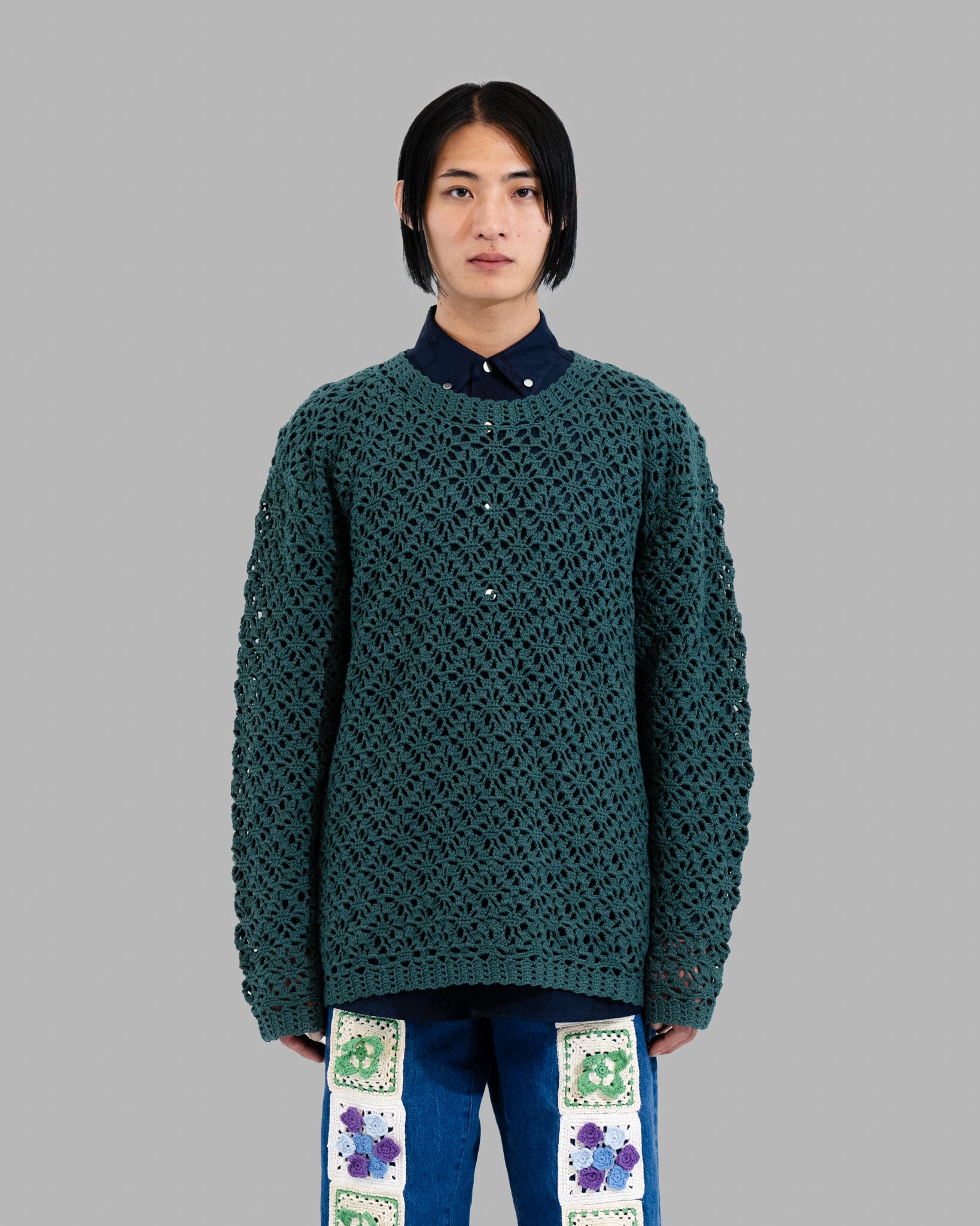 Crochet Hand Knit Pullover Sweater -Green