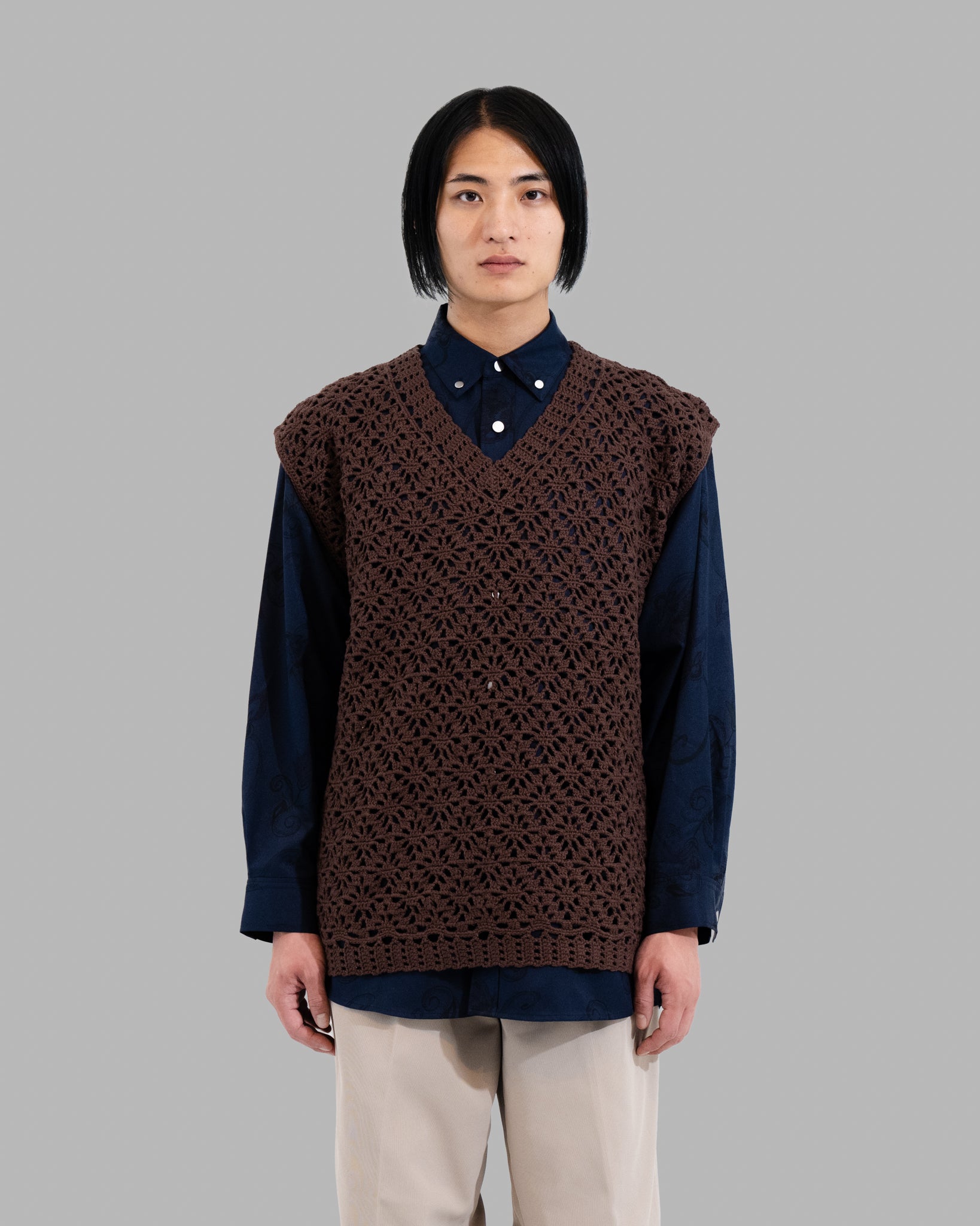 Crochet Hand Knit Vest - Coffee