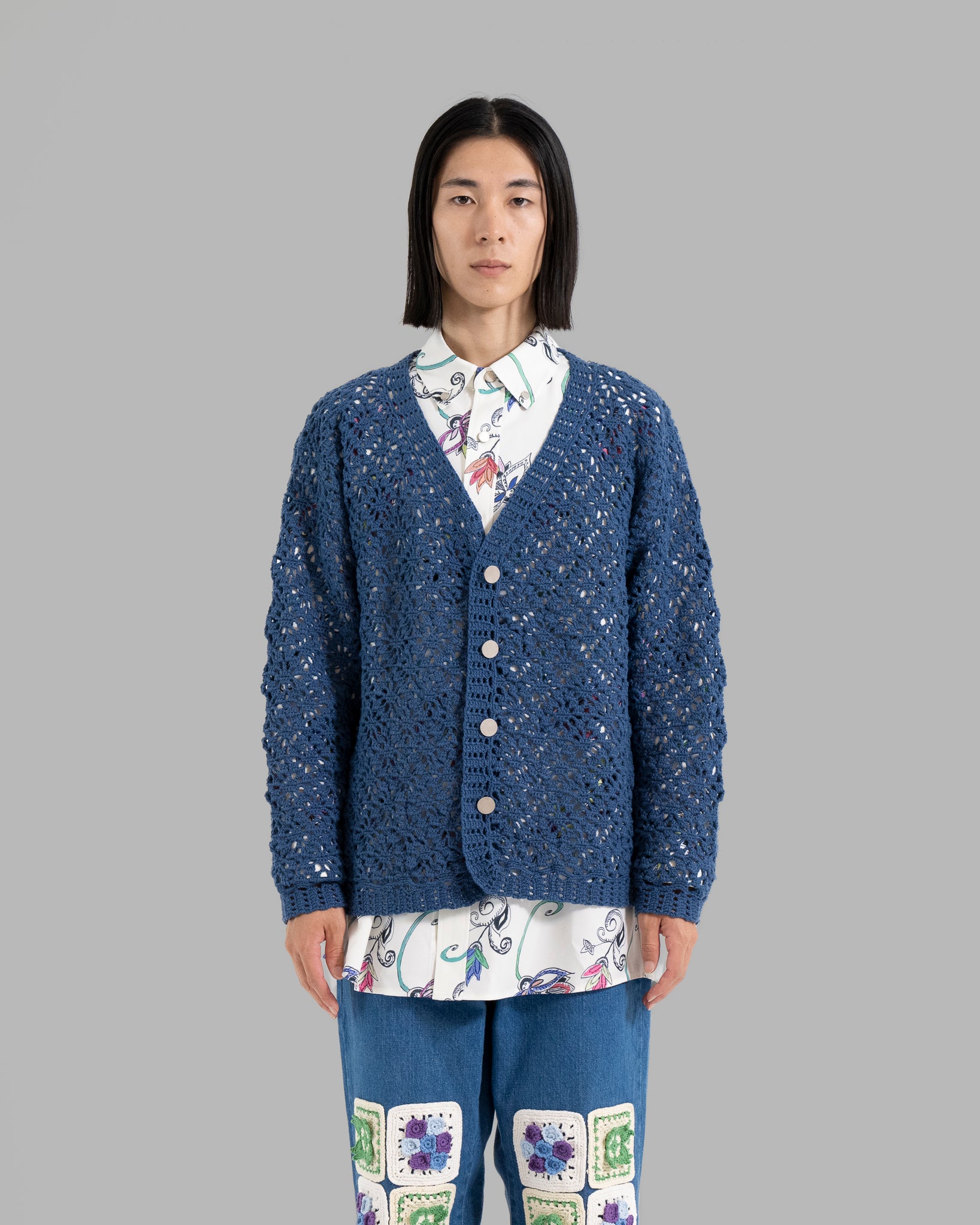 CROCHET HAND KNIT CARDIGAN -  DEEP BLUE