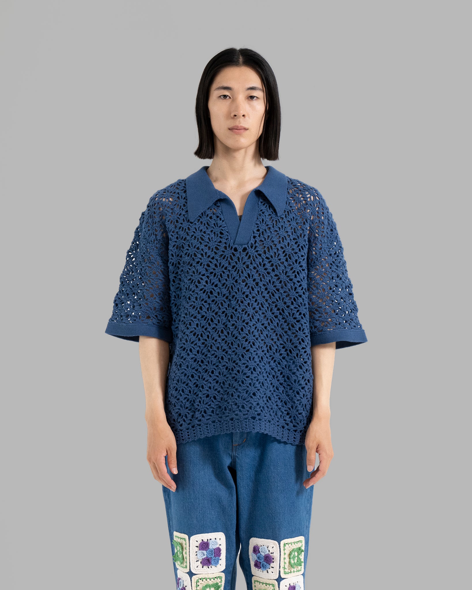 CROCHET HAND KNIT SKIPPER POLO (JUST FIT) -  DEEP BLUE