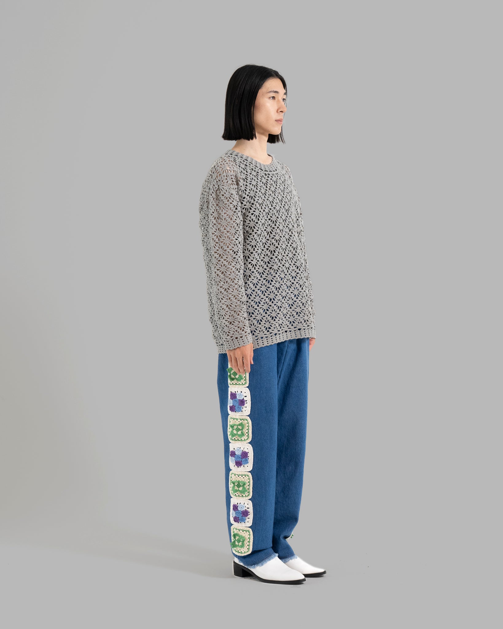 CROCHET HAND KNIT PULLOVER SWEATER - GREY